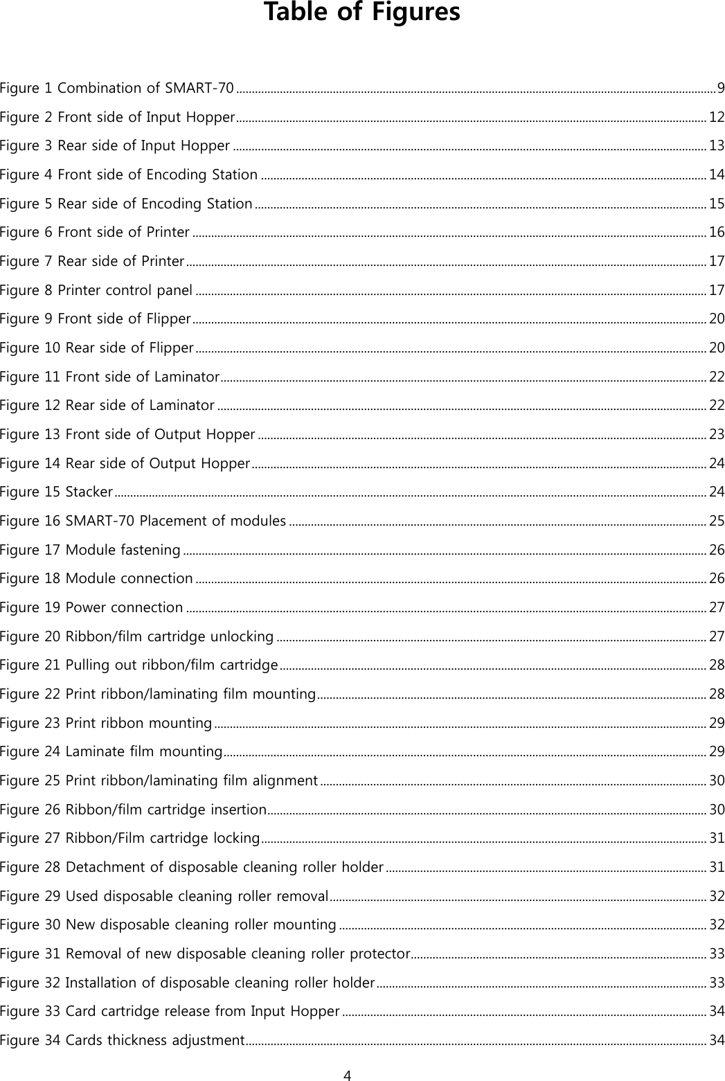 Table of Figures  Figure 1 Combination of SMART-70 .......................................................................................................................................................... 9 Figure 2 Front side of Input Hopper ....................................................................................................................................................... 12 Figure 3 Rear side of Input Hopper ........................................................................................................................................................ 13 Figure 4 Front side of Encoding Station ............................................................................................................................................... 14 Figure 5 Rear side of Encoding Station ................................................................................................................................................. 15 Figure 6 Front side of Printer ..................................................................................................................................................................... 16 Figure 7 Rear side of Printer ....................................................................................................................................................................... 17 Figure 8 Printer control panel .................................................................................................................................................................... 17 Figure 9 Front side of Flipper ..................................................................................................................................................................... 20 Figure 10 Rear side of Flipper .................................................................................................................................................................... 20 Figure 11 Front side of Laminator ............................................................................................................................................................ 22 Figure 12 Rear side of Laminator ............................................................................................................................................................. 22 Figure 13 Front side of Output Hopper ................................................................................................................................................ 23 Figure 14 Rear side of Output Hopper .................................................................................................................................................. 24 Figure 15 Stacker .............................................................................................................................................................................................. 24 Figure 16 SMART-70 Placement of modules ...................................................................................................................................... 25 Figure 17 Module fastening ........................................................................................................................................................................ 26 Figure 18 Module connection .................................................................................................................................................................... 26 Figure 19 Power connection ....................................................................................................................................................................... 27 Figure 20 Ribbon/film cartridge unlocking .......................................................................................................................................... 27 Figure 21 Pulling out ribbon/film cartridge ......................................................................................................................................... 28 Figure 22 Print ribbon/laminating film mounting ............................................................................................................................. 28 Figure 23 Print ribbon mounting .............................................................................................................................................................. 29 Figure 24 Laminate film mounting ........................................................................................................................................................... 29 Figure 25 Print ribbon/laminating film alignment ............................................................................................................................ 30 Figure 26 Ribbon/film cartridge insertion ............................................................................................................................................. 30 Figure 27 Ribbon/Film cartridge locking ............................................................................................................................................... 31 Figure 28 Detachment of disposable cleaning roller holder ....................................................................................................... 31 Figure 29 Used disposable cleaning roller removal ......................................................................................................................... 32 Figure 30 New disposable cleaning roller mounting ...................................................................................................................... 32 Figure 31 Removal of new disposable cleaning roller protector ............................................................................................... 33 Figure 32 Installation of disposable cleaning roller holder .......................................................................................................... 33 Figure 33 Card cartridge release from Input Hopper ..................................................................................................................... 34 Figure 34 Cards thickness adjustment .................................................................................................................................................... 34 4  