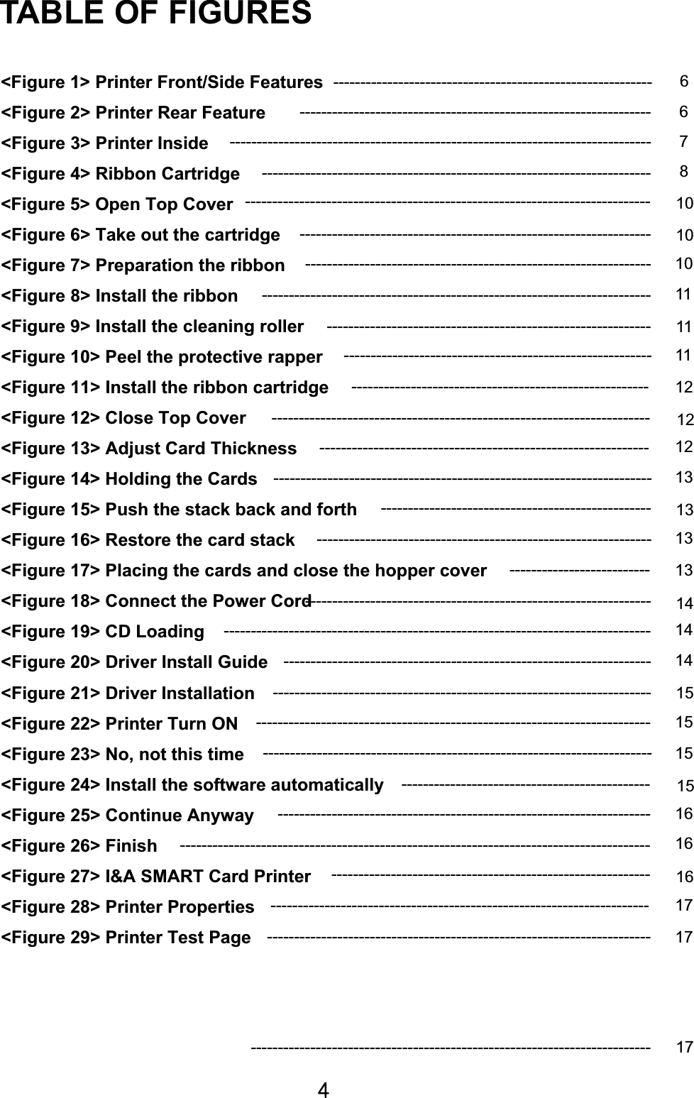 [GTABLE OF FIGURES &lt;Figure 1&gt; Printer Front/Side Features &lt;Figure 2&gt; Printer Rear Feature       &lt;Figure 3&gt; Printer Inside &lt;Figure 4&gt; Ribbon Cartridge   &lt;Figure 5&gt; Open Top Cover &lt;Figure 6&gt; Take out the cartridge       &lt;Figure 7&gt; Preparation the ribbon &lt;Figure 8&gt; Install the ribbon   &lt;Figure 9&gt; Install the cleaning roller       &lt;Figure 10&gt; Peel the protective rapper &lt;Figure 11&gt; Install the ribbon cartridge   &lt;Figure 12&gt; Close Top Cover     &lt;Figure 13&gt; Adjust Card Thickness &lt;Figure 14&gt; Holding the Cards   &lt;Figure 15&gt; Push the stack back and forth       &lt;Figure 16&gt; Restore the card stack &lt;Figure 17&gt; Placing the cards and close the hopper cover   &lt;Figure 18&gt; Connect the Power Cord       &lt;Figure 19&gt; CD Loading &lt;Figure 20&gt; Driver Install Guide   &lt;Figure 21&gt; Driver Installation       &lt;Figure 22&gt; Printer Turn ON &lt;Figure 23&gt; No, not this time   &lt;Figure 24&gt; Install the software automatically       &lt;Figure 25&gt; Continue Anyway &lt;Figure 26&gt; Finish   &lt;Figure 27&gt; I&amp;A SMART Card Printer       &lt;Figure 28&gt; Printer Properties   &lt;Figure 29&gt; Printer Test Page   -----------------------------------------------------------  6-----------------------------------------------------------------  6------------------------------------------------------------------------------ 7------------------------------------------------------------------------ 8----------------------------------------------------------------- ----------------------------------------------------------------  10------------------------------------------------------------------------ 11 ---------------------------------------------------------------------------  1010---------------------------------------------------------  11 -------------------------------------------------------  12------------------------------------------------------------  11 -------------------------------------------------------------  12----------------------------------------------------------------------  13--------------------------------------------------------------  13--------------------------  13--------------------------------------------------  13----------------------------------------------------------------------  12-------------------------------------------------------------------------------  14--------------------------------------------------------------------  14-------------------------------------------------------------------------  15------------------------------------------------------------------------  15----------------------------------------------------------------------  15---------------------------------------------------------------------  16---------------------------------------------------------------------------------------  16---------------------------------------------------------------------- 17-----------------------------------------------------------------------  17-----------------------------------------------------------  16----------------------------------------------  15----------------------------------------------------------------  14-------------------------------------------------------------------------- 17 