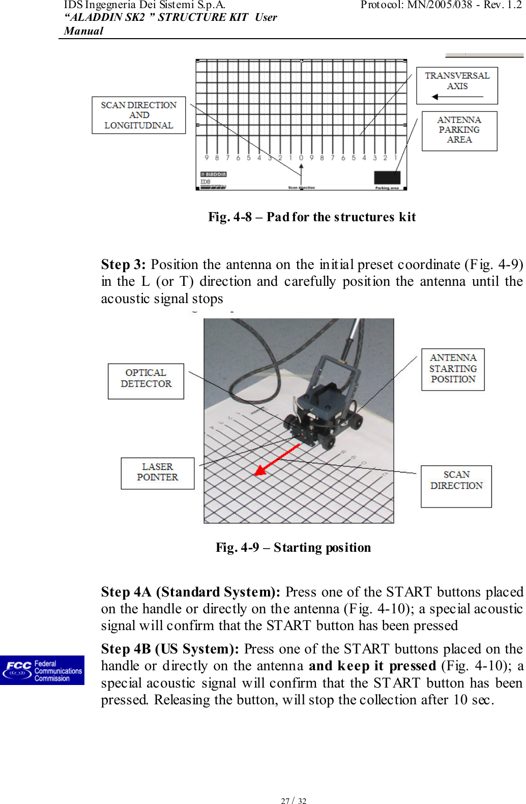 IDS Ingegneria Dei Sistemi S.p.A.  Protocol: MN/2005/038 - Rev. 1.2 “ALADDIN SK2 ” STRUCTURE KIT  User Manual   27 / 32  Fig. 4-8 – Pad for the structures kit  Step 3: Position the antenna on the initial preset coordinate (Fig. 4-9) in the L (or  T)  direction and carefully position the antenna  until  the acoustic signal stops  Fig. 4-9 – Starting position  Step 4A (Standard System): Press one of the START buttons placed on the handle or directly on the antenna (Fig. 4-10); a special acoustic signal will confirm that the START button has been pressed Step 4B (US System): Press one of the START buttons placed on the handle or  directly  on  the antenna  and keep  it pressed (Fig.  4-10); a special acoustic signal  will confirm  that the START  button has been pressed. Releasing the button, will stop the collection after 10 sec.   