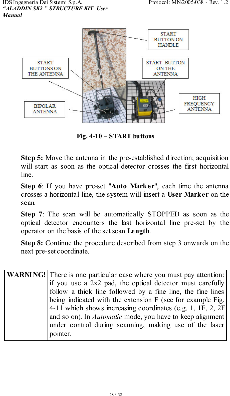 IDS Ingegneria Dei Sistemi S.p.A.  Protocol: MN/2005/038 - Rev. 1.2 “ALADDIN SK2 ” STRUCTURE KIT  User Manual   28 / 32  Fig. 4-10 – START buttons  Step 5: Move the antenna  in the pre-established direction; acquisition will  start  as  soon  as  the  optical  detector  crosses  the  first  horizontal line.  Step  6:  If  you  have  pre-set  &quot;Auto  Marker&quot;,  each  time  the  antenna crosses a horizontal  line, the system will insert a User Marker on the scan.  Step  7:  The  scan  will  be  automatically  STOPPED  as  soon  as  the optical  detector  encounters  the  last  horizontal  line  pre-set  by  the operator on the basis of the set scan Length.  Step 8: Continue the procedure described from step 3 onwards on the next pre-set coordinate.  WARNI NG! There is one particular case where you must pay attention: if  you  use  a  2x2  pad,  the  optical  detector  must  carefully follow  a  thick  line  followed  by  a  fine  line,  the  fine  lines  being  indicated  with  the extension  F (see for example Fig. 4-11 which shows increasing coordinates (e.g. 1, 1F, 2, 2F and so on). In Automatic mode, you have to keep alignment under  control  during  scanning,  making  use  of  the  laser pointer. 