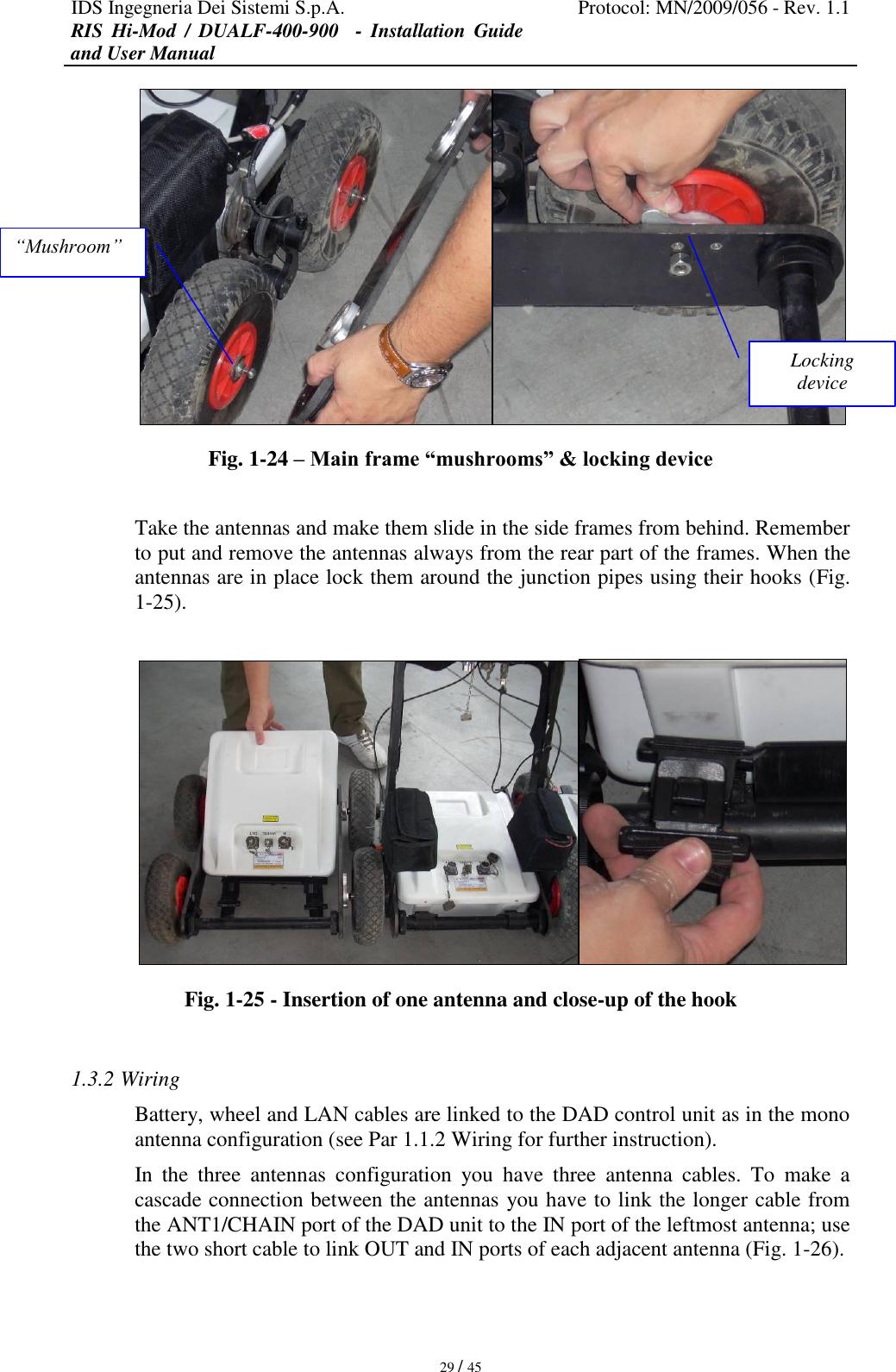 IDS Ingegneria Dei Sistemi S.p.A. Protocol: MN/2009/056 - Rev. 1.1 RIS  Hi-Mod  /  DUALF-400-900   -  Installation  Guide and User Manual   29 / 45  Fig. 1-24 – Main frame “mushrooms” &amp; locking device  Take the antennas and make them slide in the side frames from behind. Remember to put and remove the antennas always from the rear part of the frames. When the antennas are in place lock them around the junction pipes using their hooks (Fig. 1-25).   Fig. 1-25 - Insertion of one antenna and close-up of the hook  1.3.2 Wiring Battery, wheel and LAN cables are linked to the DAD control unit as in the mono antenna configuration (see Par 1.1.2 Wiring for further instruction). In  the  three  antennas  configuration  you  have  three  antenna  cables.  To  make  a cascade connection between the antennas you have to link the longer cable from the ANT1/CHAIN port of the DAD unit to the IN port of the leftmost antenna; use the two short cable to link OUT and IN ports of each adjacent antenna (Fig. 1-26). “Mushroom”   Locking device   