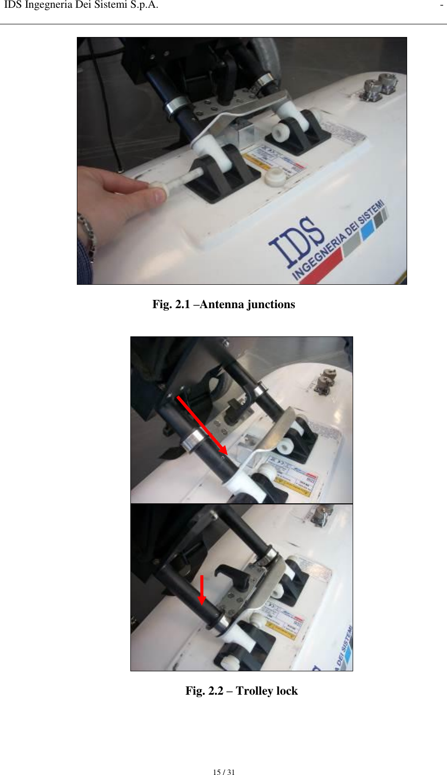 IDS Ingegneria Dei Sistemi S.p.A. -     15 / 31  Fig. 2.1 –Antenna junctions    Fig. 2.2 – Trolley lock 