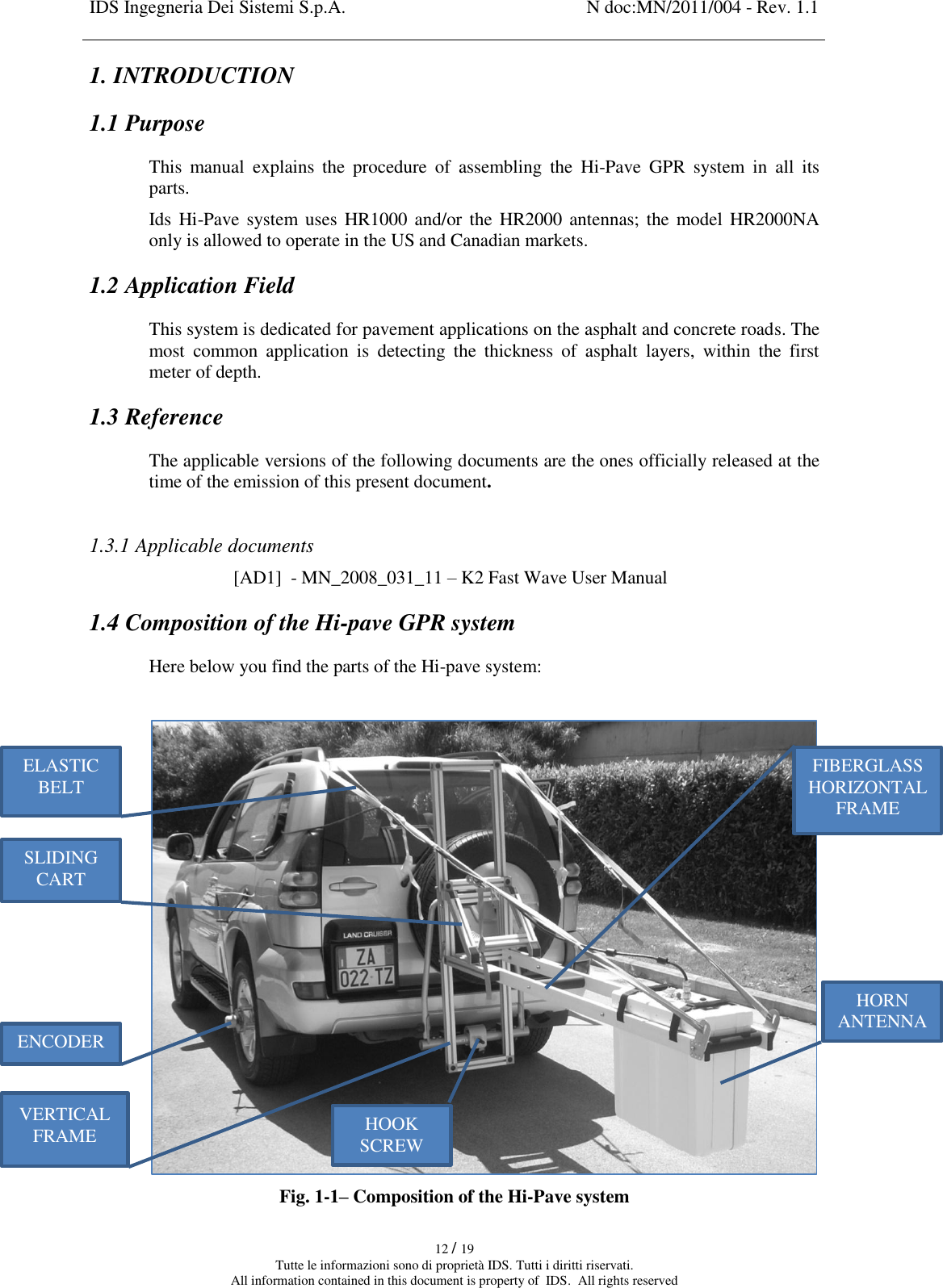 IDS Ingegneria Dei Sistemi S.p.A. N doc:MN/2011/004 - Rev. 1.1    12 / 19 Tutte le informazioni sono di proprietà IDS. Tutti i diritti riservati. All information contained in this document is property of  IDS.  All rights reserved 1. INTRODUCTION 1.1 Purpose This  manual  explains  the  procedure  of  assembling  the  Hi-Pave  GPR  system  in  all  its parts. Ids Hi-Pave system uses  HR1000 and/or the  HR2000 antennas; the model HR2000NA only is allowed to operate in the US and Canadian markets. 1.2 Application Field This system is dedicated for pavement applications on the asphalt and concrete roads. The most  common  application  is  detecting  the  thickness  of  asphalt  layers,  within  the  first meter of depth.  1.3 Reference The applicable versions of the following documents are the ones officially released at the time of the emission of this present document.  1.3.1 Applicable documents [AD1]  - MN_2008_031_11 – K2 Fast Wave User Manual 1.4 Composition of the Hi-pave GPR system Here below you find the parts of the Hi-pave system:   Fig. 1-1– Composition of the Hi-Pave system ENCODER VERTICAL FRAME SLIDING CART ELASTIC BELT HORN ANTENNA FIBERGLASS HORIZONTAL FRAME HOOK SCREW 