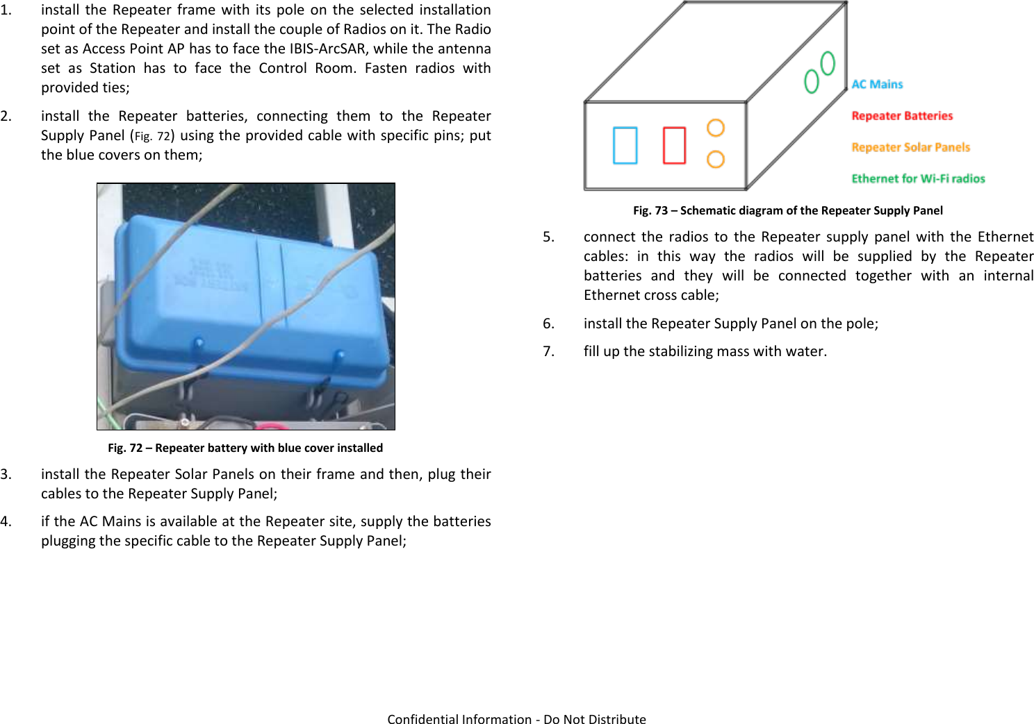   Confidential Information - Do Not Distribute 1. install the  Repeater frame with  its  pole  on the  selected  installation point of the Repeater and install the couple of Radios on it. The Radio set as Access Point AP has to face the IBIS-ArcSAR, while the antenna set  as  Station  has  to  face  the  Control  Room.  Fasten  radios  with provided ties; 2. install  the  Repeater  batteries,  connecting  them  to  the  Repeater Supply Panel (Fig. 72) using the provided cable with specific pins; put the blue covers on them;  Fig. 72 – Repeater battery with blue cover installed 3. install the Repeater Solar Panels on their frame and then, plug their cables to the Repeater Supply Panel; 4. if the AC Mains is available at the Repeater site, supply the batteries plugging the specific cable to the Repeater Supply Panel;  Fig. 73 – Schematic diagram of the Repeater Supply Panel 5. connect  the  radios  to  the  Repeater  supply  panel  with  the  Ethernet cables:  in  this  way  the  radios  will  be  supplied  by  the  Repeater batteries  and  they  will  be  connected  together  with  an  internal Ethernet cross cable; 6. install the Repeater Supply Panel on the pole; 7. fill up the stabilizing mass with water. 