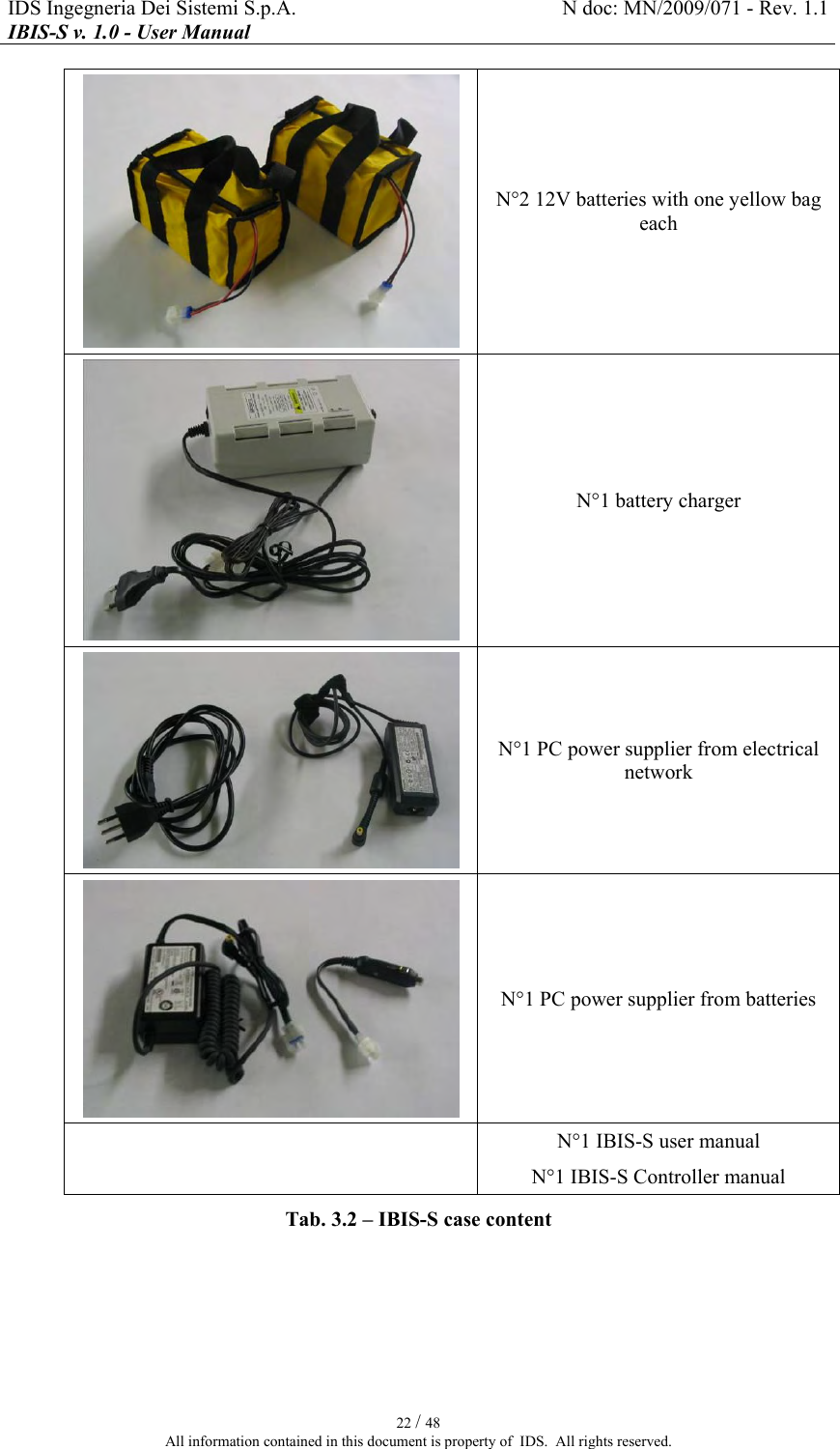 IDS Ingegneria Dei Sistemi S.p.A.  N doc: MN/2009/071 - Rev. 1.1 IBIS-S v. 1.0 - User Manual   22 / 48 All information contained in this document is property of  IDS.  All rights reserved.  N°2 12V batteries with one yellow bag each  N°1 battery charger  N°1 PC power supplier from electrical network  N°1 PC power supplier from batteries   N°1 IBIS-S user manual N°1 IBIS-S Controller manual Tab.  3.2 – IBIS-S case content 