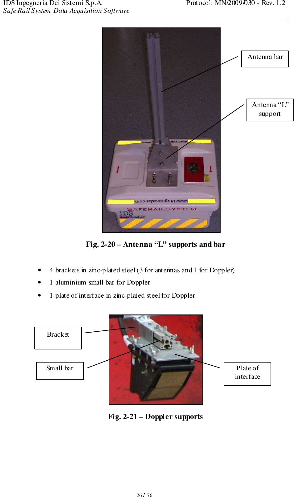 IDS Ingegneria Dei Sistemi S.p.A.  Protocol: MN/2009/030 - Rev. 1.2 Safe Rail System Data Acquisition Software   26 / 76  Fig. 2-20 – Antenna “L” supports and bar  • 4 brackets in zinc-plated steel (3 for antennas and 1 for Doppler) • 1 aluminium small bar for Doppler • 1 plate of interface in zinc-plated steel for Doppler   Fig. 2-21 – Doppler supports Antenna “L” support Antenna bar Bracket Small bar Plate of interface 