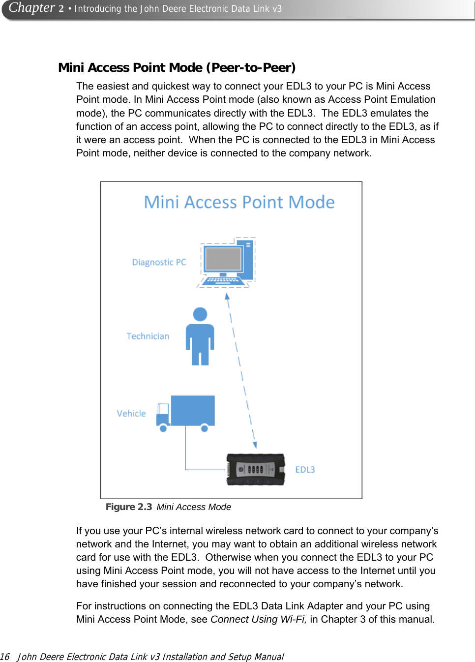 16 John Deere Electronic Data Link v3 Installation and Setup Manual   Chapter 2 • Introducing the John Deere Electronic Data Link v3Mini Access Point Mode (Peer-to-Peer)The easiest and quickest way to connect your EDL3 to your PC is Mini Access Point mode. In Mini Access Point mode (also known as Access Point Emulation mode), the PC communicates directly with the EDL3.  The EDL3 emulates the function of an access point, allowing the PC to connect directly to the EDL3, as if it were an access point.  When the PC is connected to the EDL3 in Mini Access Point mode, neither device is connected to the company network. Figure 2.3 Mini Access Mode  If you use your PC’s internal wireless network card to connect to your company’s network and the Internet, you may want to obtain an additional wireless network card for use with the EDL3.  Otherwise when you connect the EDL3 to your PC using Mini Access Point mode, you will not have access to the Internet until you have finished your session and reconnected to your company’s network.For instructions on connecting the EDL3 Data Link Adapter and your PC using Mini Access Point Mode, see Connect Using Wi-Fi, in Chapter 3 of this manual. 