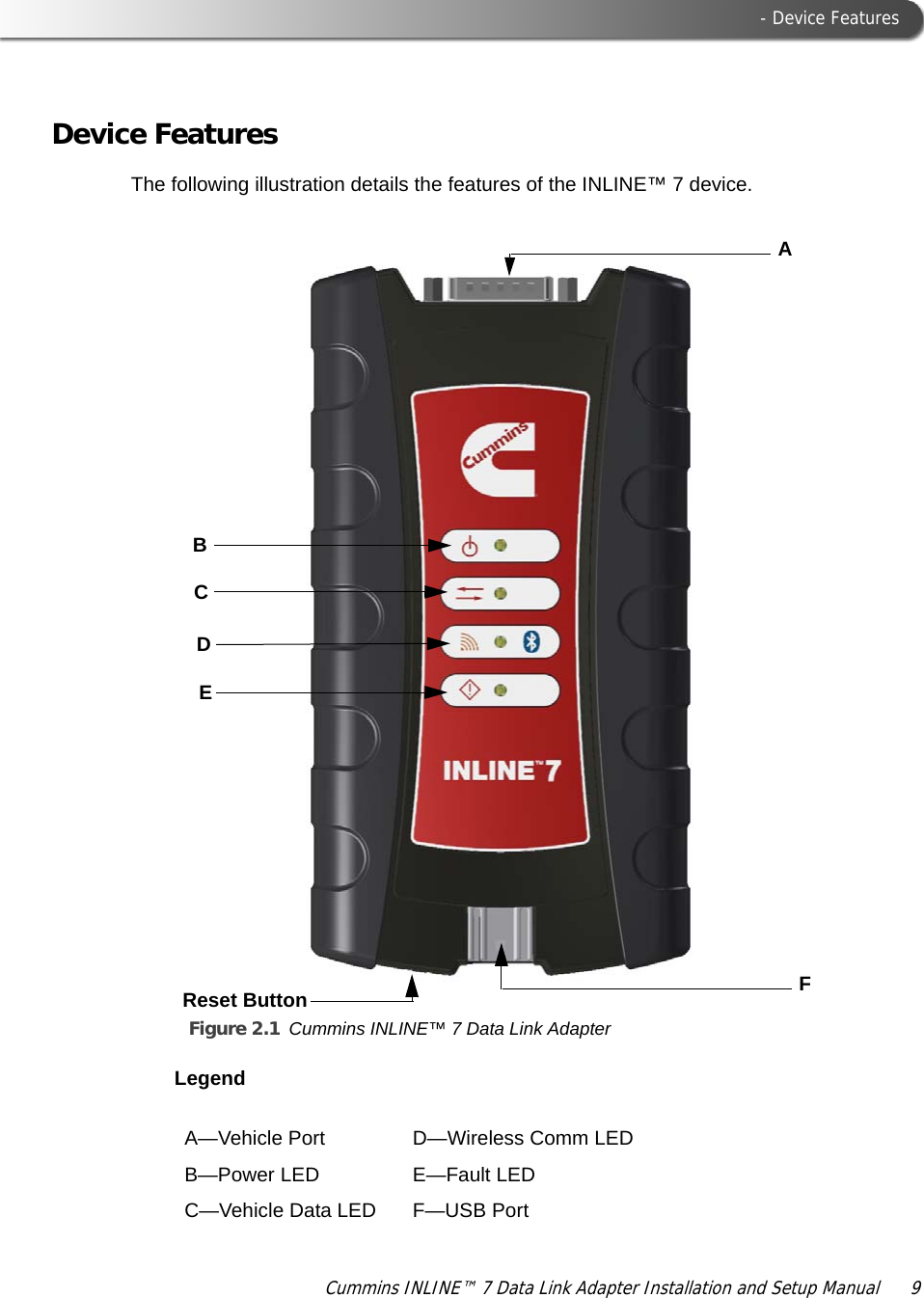  - Device FeaturesCummins INLINE™ 7 Data Link Adapter Installation and Setup Manual  9Device FeaturesThe following illustration details the features of the INLINE™ 7 device.AFReset ButtonBCDEFigure 2.1 Cummins INLINE™ 7 Data Link AdapterLegendA—Vehicle Port D—Wireless Comm LEDB—Power LED E—Fault LEDC—Vehicle Data LED F—USB Port