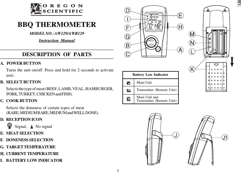 1GBBBQ THERMOMETERMODEL NO.: AW129/AWR129Instruction ManualDESCRIPTION OF PARTSA.  POWER  BUTTONTurns the unit on/off. Press and hold for 2 seconds to activateunit.B. SELECT  BUTTONSelects the type of meat (BEEF, LAMB, VEAL, HAMBURGER,PORK, TURKEY, CHICKEN and FISH).C. COOK  BUTTONSelects the doneness of certain types of meat(RARE, MEDIUM RARE, MEDIUM and WELL DONE).D. RECEPTION  ICON         Signal,         No signalE. MEAT  SELECTIONF. DONENESS  SELECTIONG. TARGET  TEMPERATUREH. CURRENT   TEMPERATUREI. BATTERY  LOW  INDICATORBattery Low IndicatorMain UnitTransmitter (Remote Unit)Main Unit andTransmitter (Remote Unit)