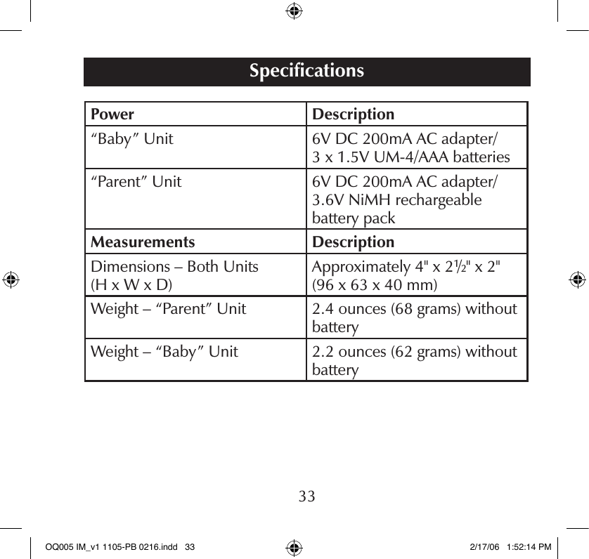 Power Description“Baby” Unit 6V DC 200mA AC adapter/ 3 x 1.5V UM-4/AAA batteries“Parent” Unit 6V DC 200mA AC adapter/ 3.6V NiMH rechargeable  battery packMeasurements DescriptionDimensions – Both Units (H x W x D)Approximately 4&quot; x 21/2&quot; x 2&quot; (96 x 63 x 40 mm)Weight – “Parent” Unit 2.4 ounces (68 grams) without batteryWeight – “Baby” Unit 2.2 ounces (62 grams) without batterySpeciﬁcations33OQ005 IM_v1 1105-PB 0216.indd   33 2/17/06   1:52:14 PM