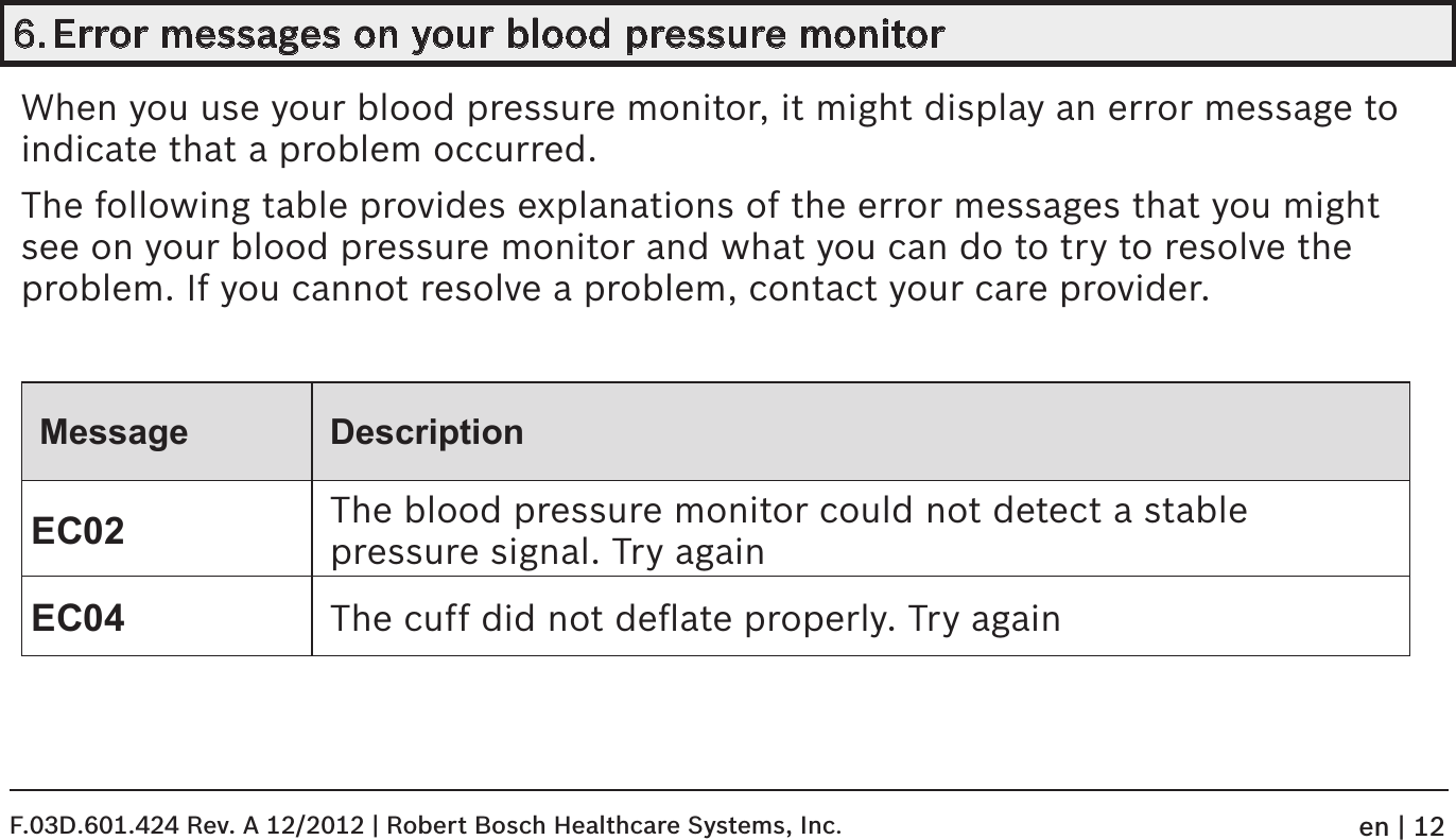 6. Error messages on your blood pressure monitorWhen you use your blood pressure monitor, it might display an error message to indicate that a problem occurred.The following table provides explanations of the error messages that you might see on your blood pressure monitor and what you can do to try to resolve the problem. If you cannot resolve a problem, contact your care provider.Message DescriptionEC02 The blood pressure monitor could not detect a stable pressure signal. Try againEC04 The cuff did not deﬂate properly. Try againF.03D.601.424 Rev. A 12/2012 | Robert Bosch Healthcare Systems, Inc.en | 12