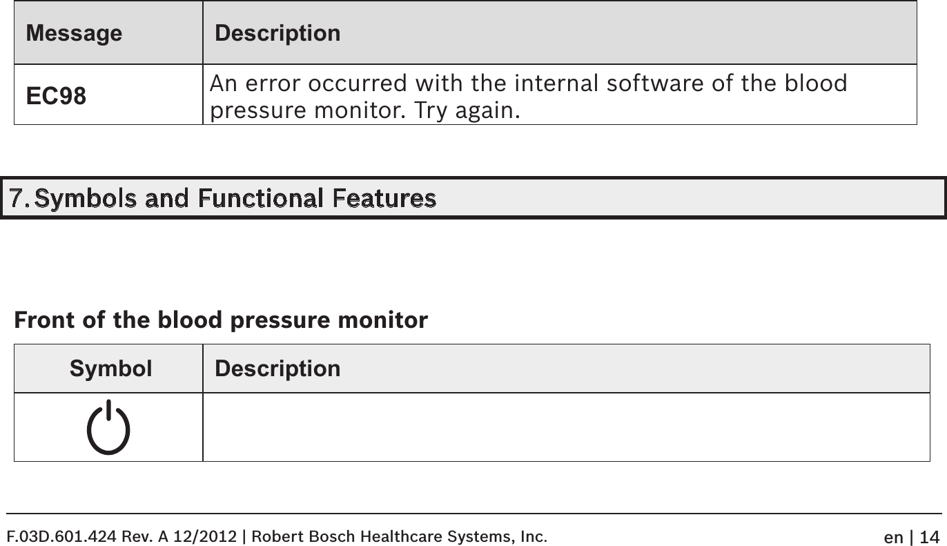 Message DescriptionEC98 An error occurred with the internal software of the blood pressure monitor. Try again.7. Symbols and Functional FeaturesFront of the blood pressure monitorSymbol DescriptionF.03D.601.424 Rev. A 12/2012 | Robert Bosch Healthcare Systems, Inc.en | 14