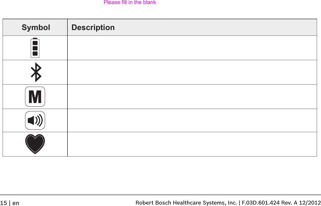 Symbol Description Robert Bosch Healthcare Systems, Inc. | F.03D.601.424 Rev. A 12/201215 | enPlease fill in the blank