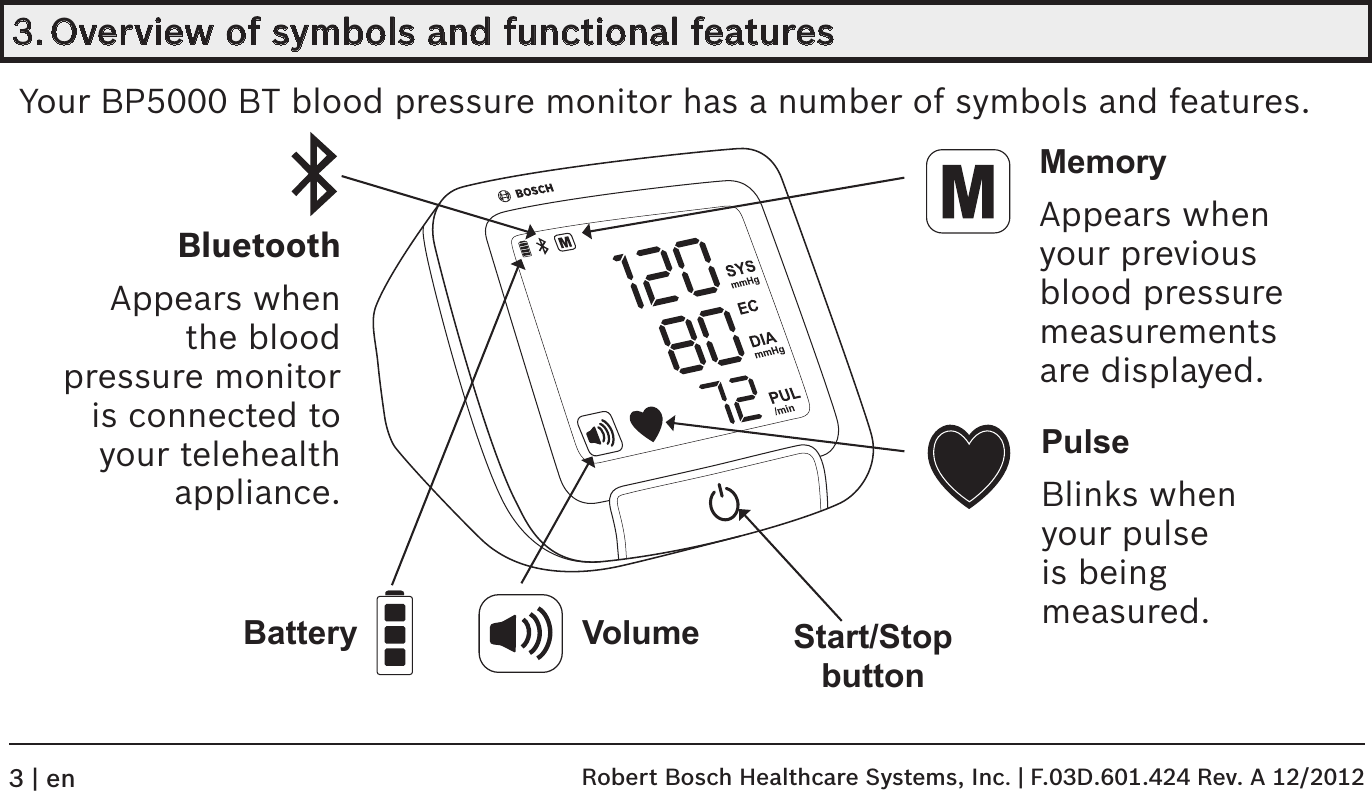3. Overview of symbols and functional featuresYour BP5000 BT blood pressure monitor has a number of symbols and features.1208072SYSmmHgECDIAmmHgPUL/minBattery VolumeMemoryAppears when your previous blood pressure  measurements  are displayed.BluetoothAppears when the blood pressure monitor is connected to your telehealth appliance.PulseBlinks when your pulse  is being  measured.Start/Stop button Robert Bosch Healthcare Systems, Inc. | F.03D.601.424 Rev. A 12/20123 | en