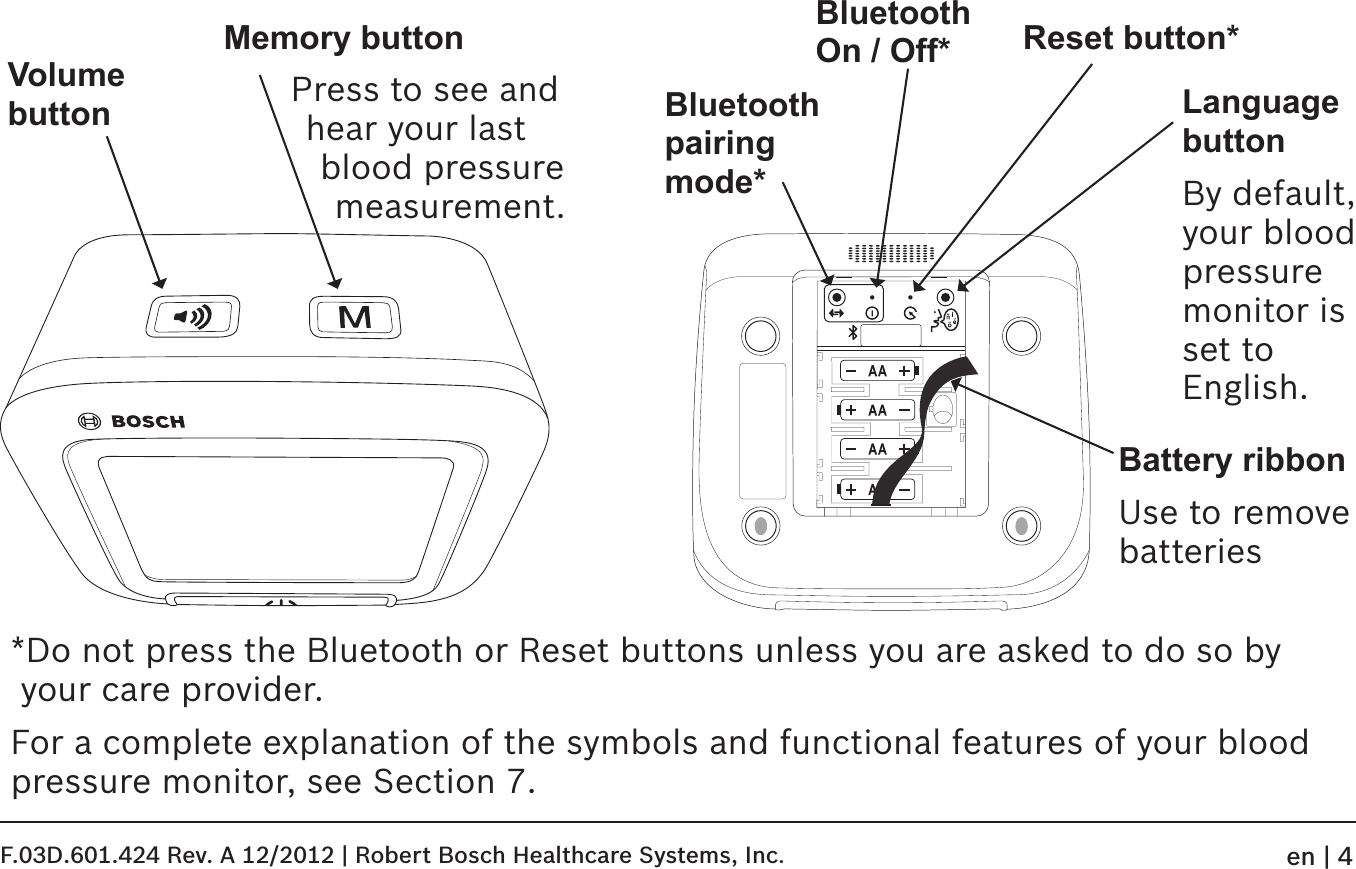Memory buttonVolume  button Press to see and hear your last blood pressure measurement.*Do not press the Bluetooth or Reset buttons unless you are asked to do so by  your care provider.For a complete explanation of the symbols and functional features of your blood pressure monitor, see Section 7.Bluetooth  On / Off*Language buttonBy default, your blood pressure  monitor is set to  English.Reset button*Bluetooth pairing mode*Battery ribbonUse to remove batteriesF.03D.601.424 Rev. A 12/2012 | Robert Bosch Healthcare Systems, Inc.en | 4