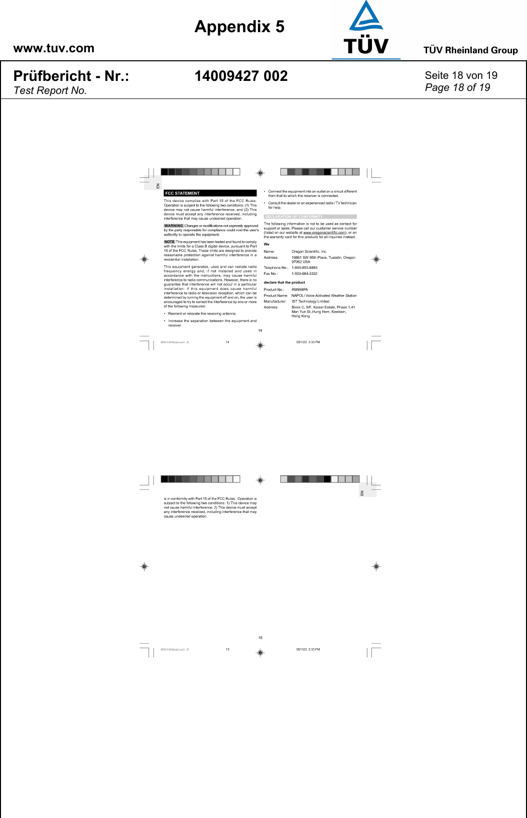    www.tuv.com  Appendix 5 Prüfbericht - Nr.: Test Report No. 14009427 002  Seite 18 von 19 Page 18 of 19   