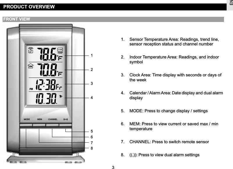 EN312345678TEMPCHANNELMEMMODEPRODUCT OVERVIEWFRONT VIEW1. Sensor Temperature Area: Readings, trend line,sensor reception status and channel number2. Indoor Temperature Area: Readings, and indoorsymbol3. Clock Area: Time display with seconds or days ofthe week4. Calendar / Alarm Area: Date display and dual alarmdisplay5. MODE: Press to change display / settings6. MEM: Press to view current or saved max / mintemperature7. CHANNEL: Press to switch remote sensor8. ((.)): Press to view dual alarm settings  