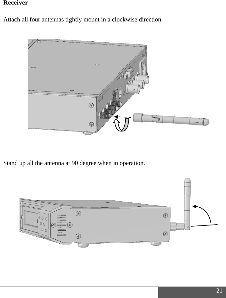    Rece Attac                  Stan               eiver ch all four antnd up all the antennas tightly ntenna at 90 dmount in a cldegree when inlockwise direcn operation.ction. 221 