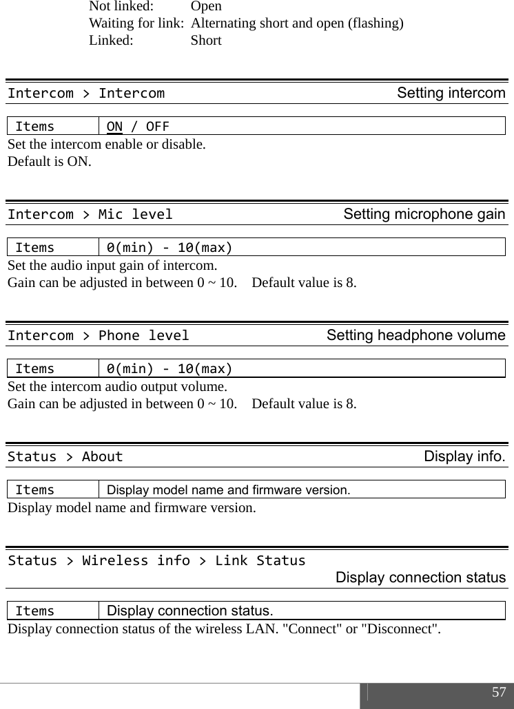  57   Not linked:  Open   Waiting for link:  Alternating short and open (flashing)  Linked:  Short  Intercom>IntercomSetting intercomItemsON/OFFSet the intercom enable or disable. Default is ON.  Intercom>MiclevelSetting microphone gainItems0(min)‐10(max)Set the audio input gain of intercom.   Gain can be adjusted in between 0 ~ 10.    Default value is 8.  Intercom>PhonelevelSetting headphone volumeItems0(min)‐10(max)Set the intercom audio output volume.   Gain can be adjusted in between 0 ~ 10.    Default value is 8.  Status>AboutDisplay info.ItemsDisplay model name and firmware version. Display model name and firmware version.  Status>Wirelessinfo>LinkStatusDisplay connection statusItemsDisplay connection status. Display connection status of the wireless LAN. "Connect" or "Disconnect".  
