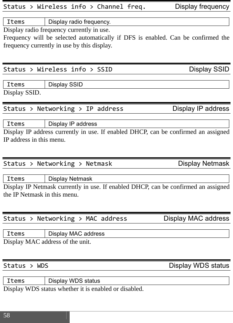 58    Status>Wirelessinfo>Channelfreq.Display frequencyItemsDisplay radio frequency. Display radio frequency currently in use.   Frequency will be selected automatically if DFS is enabled. Can be confirmed the frequency currently in use by this display.  Status>Wirelessinfo>SSIDDisplay SSIDItemsDisplay SSID Display SSID. Status>Networking>IPaddressDisplay IP addressItemsDisplay IP address Display IP address currently in use. If enabled DHCP, can be confirmed an assigned  IP address in this menu.  Status>Networking>NetmaskDisplay NetmaskItemsDisplay Netmask Display IP Netmask currently in use. If enabled DHCP, can be confirmed an assigned the IP Netmask in this menu.  Status>Networking>MACaddressDisplay MAC addressItemsDisplay MAC address Display MAC address of the unit.  Status>WDSDisplay WDS statusItemsDisplay WDS status Display WDS status whether it is enabled or disabled.  