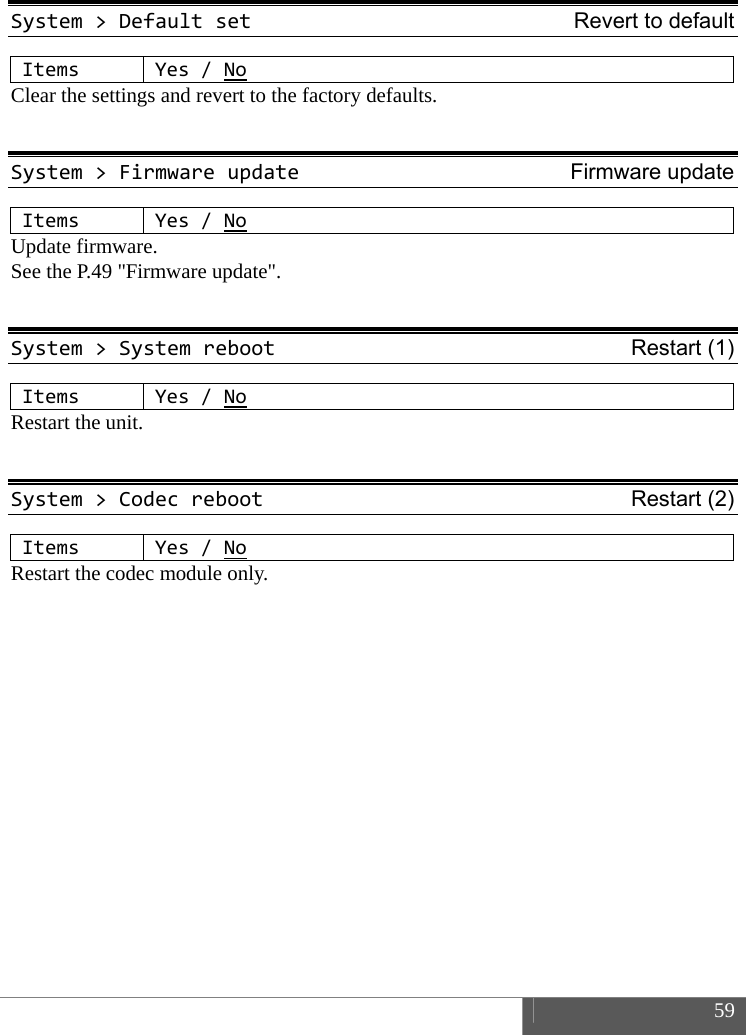  59  System>DefaultsetRevert to default ItemsYes/NoClear the settings and revert to the factory defaults.  System>FirmwareupdateFirmware updateItemsYes/NoUpdate firmware. See the P.49 "Firmware update".  System>SystemrebootRestart (1) ItemsYes/NoRestart the unit.  System>CodecrebootRestart (2) ItemsYes/NoRestart the codec module only.    