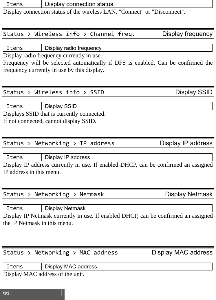  66    ItemsDisplay connection status. Display connection status of the wireless LAN. "Connect" or "Disconnect".  Status>Wirelessinfo>Channelfreq.Display frequencyItemsDisplay radio frequency. Display radio frequency currently in use.   Frequency will be selected automatically if DFS is enabled. Can be confirmed the frequency currently in use by this display.  Status>Wirelessinfo>SSIDDisplay SSIDItemsDisplay SSID Displays SSID that is currently connected.   If not connected, cannot display SSID.  Status>Networking>IPaddressDisplay IP addressItemsDisplay IP address Display IP address currently in use. If enabled DHCP, can be confirmed an assigned  IP address in this menu.  Status>Networking>NetmaskDisplay NetmaskItemsDisplay Netmask Display IP Netmask currently in use. If enabled DHCP, can be confirmed an assigned the IP Netmask in this menu.   Status>Networking>MACaddressDisplay MAC addressItemsDisplay MAC address Display MAC address of the unit.  