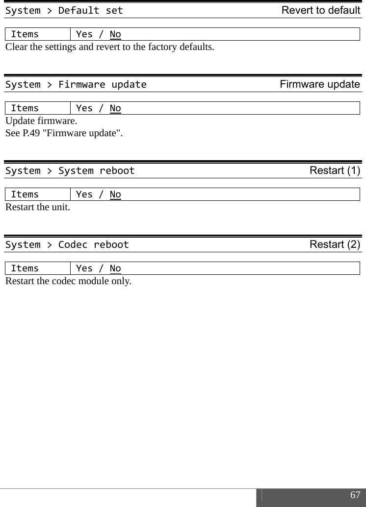  67  System>DefaultsetRevert to default ItemsYes/NoClear the settings and revert to the factory defaults.  System>FirmwareupdateFirmware updateItemsYes/NoUpdate firmware. See P.49 "Firmware update".  System>SystemrebootRestart (1) ItemsYes/NoRestart the unit.  System>CodecrebootRestart (2) ItemsYes/NoRestart the codec module only.    