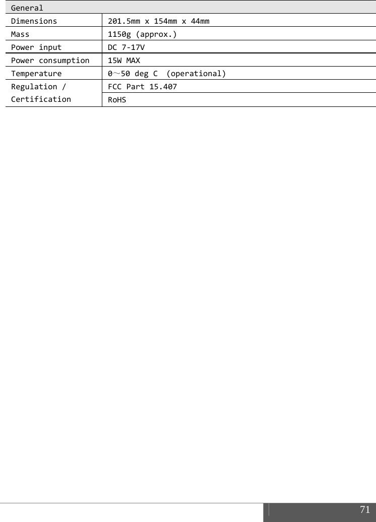  71  GeneralDimensions201.5mmx154mmx44mmMass1150g(approx.)PowerinputDC7‐17VPowerconsumption15WMAXTemperature0～50degC(operational)Regulation/CertificationFCCPart15.407RoHS   