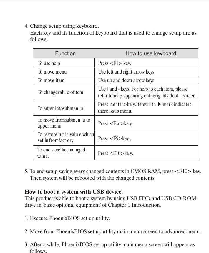 4. Change setup using keyboard.    Each key and its function of keyboard that is used to change setup are as    follows.To use helpTo move menuTo move item    To changevalu e ofitem    To enter intosubmen u     To move fromsubmen u to upper menu       To restoreinit ialvalu e which set in fromfact ory.    To end savethecha ngedvalue.Press <F1> key.Use left and right arrow keysUse up and down arrow keysUse+and - keys. For help to each item, pleaserefer tohel p appearing ontherig htsideof screen.               Press <enter>ke y.Itemwi th mark indicates        there issub menu.    Press <Esc>ke y.  Press <F9>key .  Press <F10>ke y.5. To end setup saving every changed contents in CMOS RAM, press <F10> key.    Then system will be rebooted with the changed contents.How to boot a system with USB device.This product is able to boot a system by using USB FDD and USB CD-ROMdrive in 'basic optional equipment' of Chapter 1 Introduction.1. Execute PhoenixBIOS set up utility.2. Move from PhoenixBIOS set up utility main menu screen to advanced menu.3. After a while, PhoenixBIOS set up utility main menu screen will appear as    follows.Function How to use keyboard