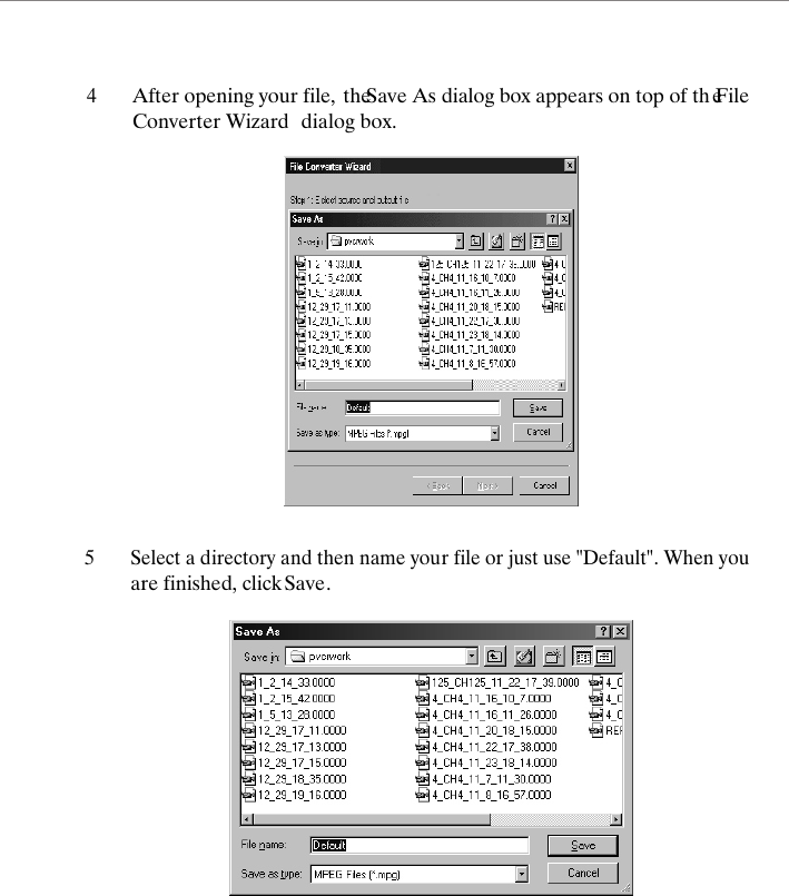 4After opening your file, the Save As dialog box appears on top of th e File Converter Wizard  dialog box. 5Select a directory and then name your file or just use "Default". When you are finished, click Save.