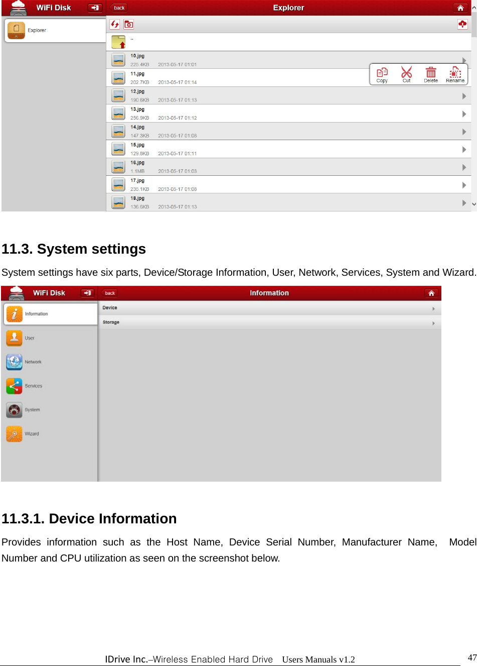 IDriveInc.–Wireless Enabled Hard Drive  Users Manuals v1.2  47  11.3. System settings System settings have six parts, Device/Storage Information, User, Network, Services, System and Wizard.   11.3.1. Device Information Provides information such as the Host Name, Device Serial Number, Manufacturer Name,  Model Number and CPU utilization as seen on the screenshot below.    