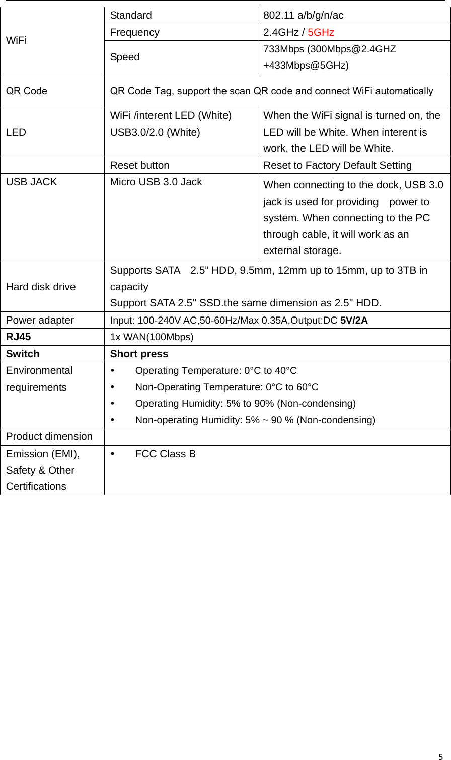 5WiFi Standard 802.11 a/b/g/n/ac Frequency 2.4GHz / 5GHz Speed  733Mbps (300Mbps@2.4GHZ +433Mbps@5GHz) QR Code  QR Code Tag, support the scan QR code and connect WiFi automatically LED WiFi /interent LED (White) USB3.0/2.0 (White) When the WiFi signal is turned on, the LED will be White. When interent is work, the LED will be White.   Reset button  Reset to Factory Default Setting USB JACK  Micro USB 3.0 Jack  When connecting to the dock, USB 3.0 jack is used for providing    power to system. When connecting to the PC through cable, it will work as an external storage. Hard disk drive Supports SATA    2.5” HDD, 9.5mm, 12mm up to 15mm, up to 3TB in capacity Support SATA 2.5&apos;&apos; SSD.the same dimension as 2.5&apos;&apos; HDD. Power adapter  Input: 100-240V AC,50-60Hz/Max 0.35A,Output:DC 5V/2A RJ45  1x WAN(100Mbps) Switch Short press Environmental requirements   Operating Temperature: 0°C to 40°C   Non-Operating Temperature: 0°C to 60°C   Operating Humidity: 5% to 90% (Non-condensing)   Non-operating Humidity: 5% ~ 90 % (Non-condensing) Product dimension   Emission (EMI), Safety &amp; Other Certifications  FCC Class B   