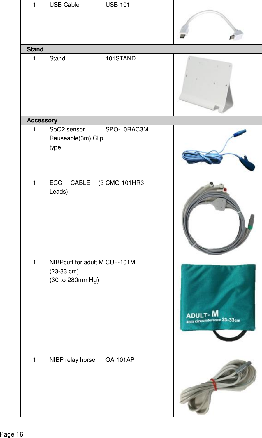    Page 16 1  USB Cable  USB-101  Stand   1  Stand  101STAND  Accessory   1  SpO2 sensor Reuseable(3m) Clip type SPO-10RAC3M  1 ECG CABLE (3 Leads) CMO-101HR3  1  NIBPcuff for adult M (23-33 cm) (30 to 280mmHg) CUF-101M  1  NIBP relay horse OA-101AP  