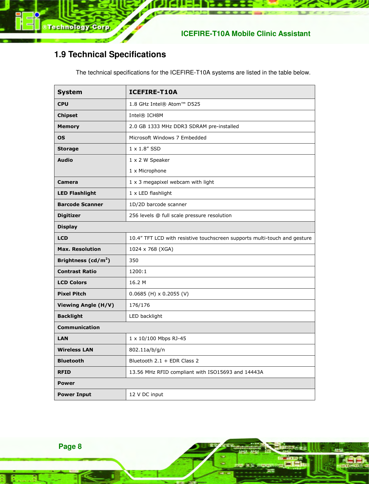  ICEFIRE-T10A Mobile Clinic Assistant Page 8 1.9 Technical Specifications The technical specifications for the ICEFIRE-T10A systems are listed in the table below. System  ICEFIRE-T10A CPU  1.8 GHz Intel® Atom™ D525   Chipset  Intel® ICH8M Memory  2.0 GB 1333 MHz DDR3 SDRAM pre-installed OS  Microsoft Windows 7 Embedded   Storage  1 x 1.8” SSD Audio  1 x 2 W Speaker 1 x Microphone Camera  1 x 3 megapixel webcam with light LED Flashlight  1 x LED flashlight   Barcode Scanner  1D/2D barcode scanner   Digitizer    256 levels @ full scale pressure resolution Display LCD    10.4” TFT LCD with resistive touchscreen supports multi-touch and gesture Max. Resolution  1024 x 768 (XGA) Brightness (cd/m2)  350 Contrast Ratio  1200:1 LCD Colors  16.2 M Pixel Pitch  0.0685 (H) x 0.2055 (V) Viewing Angle (H/V)  176/176 Backlight    LED backlight Communication   LAN  1 x 10/100 Mbps RJ-45 Wireless LAN  802.11a/b/g/n Bluetooth  Bluetooth 2.1 + EDR Class 2 RFID  13.56 MHz RFID compliant with ISO15693 and 14443A Power Power Input  12 V DC input 