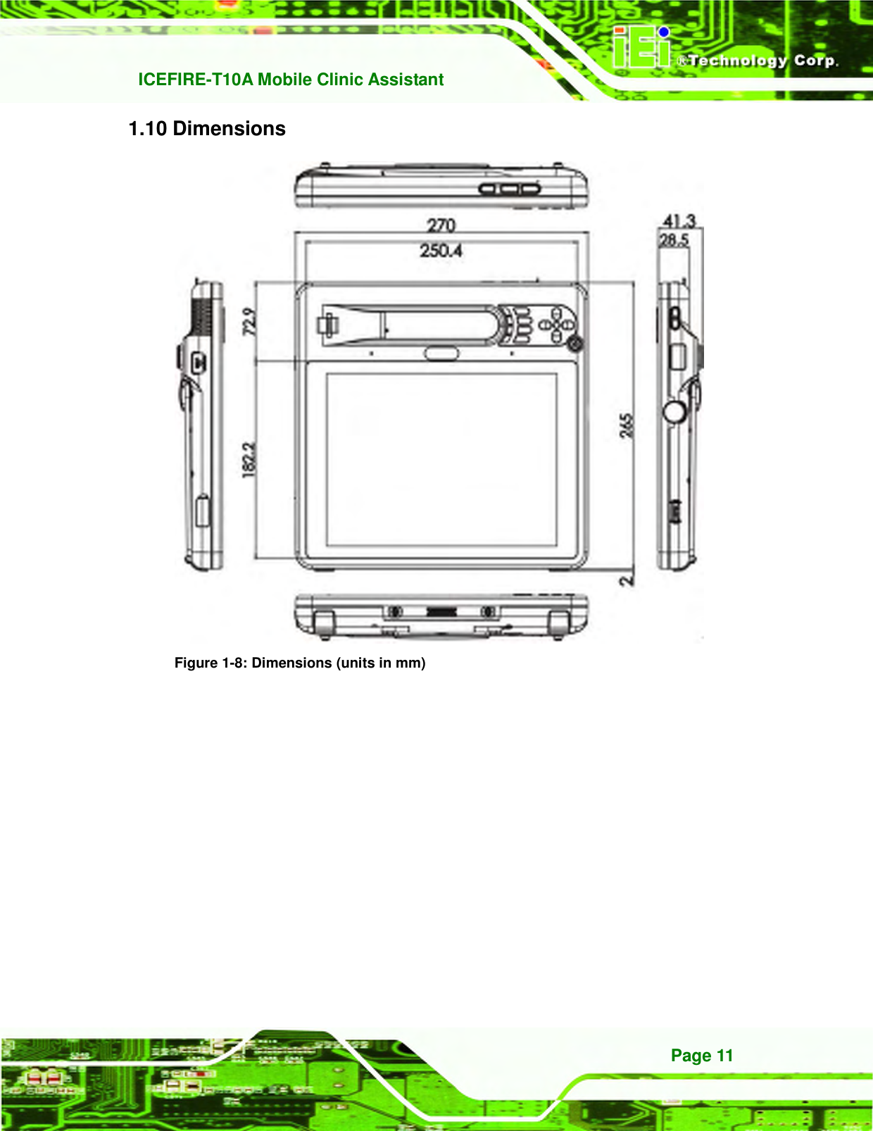   ICEFIRE-T10A Mobile Clinic Assistant Page 11 1.10 Dimensions  Figure 1-8: Dimensions (units in mm) 