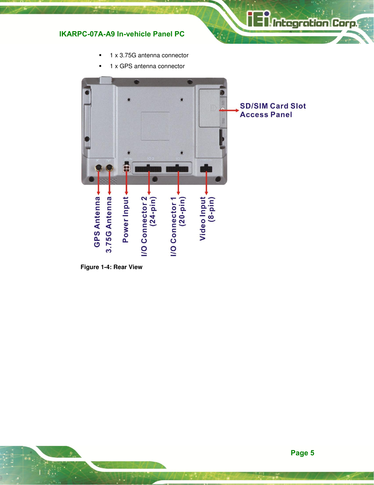   IKARPC-07A-A9 In-vehicle Panel PC  Page 5   1 x 3.75G antenna connector   1 x GPS antenna connector  Figure 1-4: Rear View 