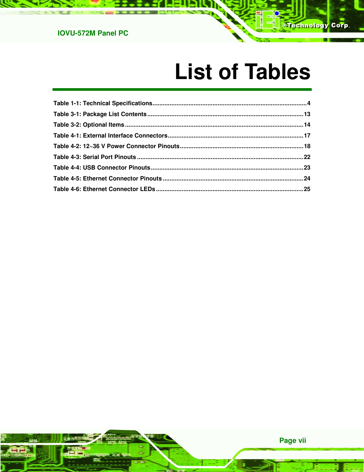   IOVU-572M Panel PC Page vii List of Tables Table 1-1: Technical Specifications .......................................................................................... 4 Table 3-1: Package List Contents ........................................................................................... 13 Table 3-2: Optional Items ........................................................................................................ 14 Table 4-1: External Interface Connectors ............................................................................... 17 Table 4-2: 12~36 V Power Connector Pinouts ........................................................................ 18 Table 4-3: Serial Port Pinouts ................................................................................................. 22 Table 4-4: USB Connector Pinouts ......................................................................................... 23 Table 4-5: Ethernet Connector Pinouts .................................................................................. 24 Table 4-6: Ethernet Connector LEDs ...................................................................................... 25 