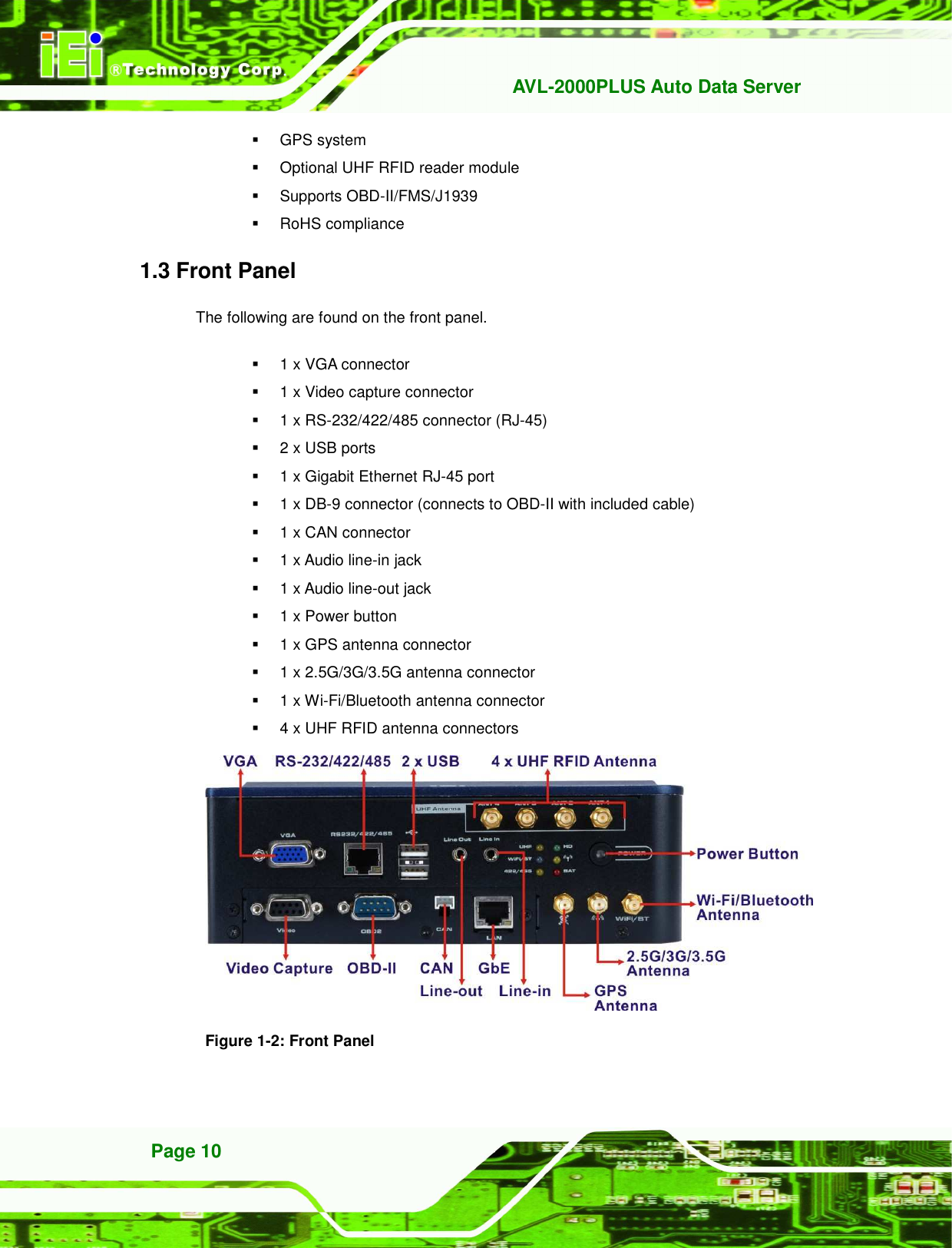   AVL-2000PLUS Auto Data Server Page 10   GPS system     Optional UHF RFID reader module   Supports OBD-II/FMS/J1939   RoHS compliance 1.3 Front Panel The following are found on the front panel.   1 x VGA connector     1 x Video capture connector   1 x RS-232/422/485 connector (RJ-45)     2 x USB ports   1 x Gigabit Ethernet RJ-45 port   1 x DB-9 connector (connects to OBD-II with included cable)   1 x CAN connector   1 x Audio line-in jack   1 x Audio line-out jack   1 x Power button   1 x GPS antenna connector   1 x 2.5G/3G/3.5G antenna connector   1 x Wi-Fi/Bluetooth antenna connector   4 x UHF RFID antenna connectors  Figure 1-2: Front Panel 