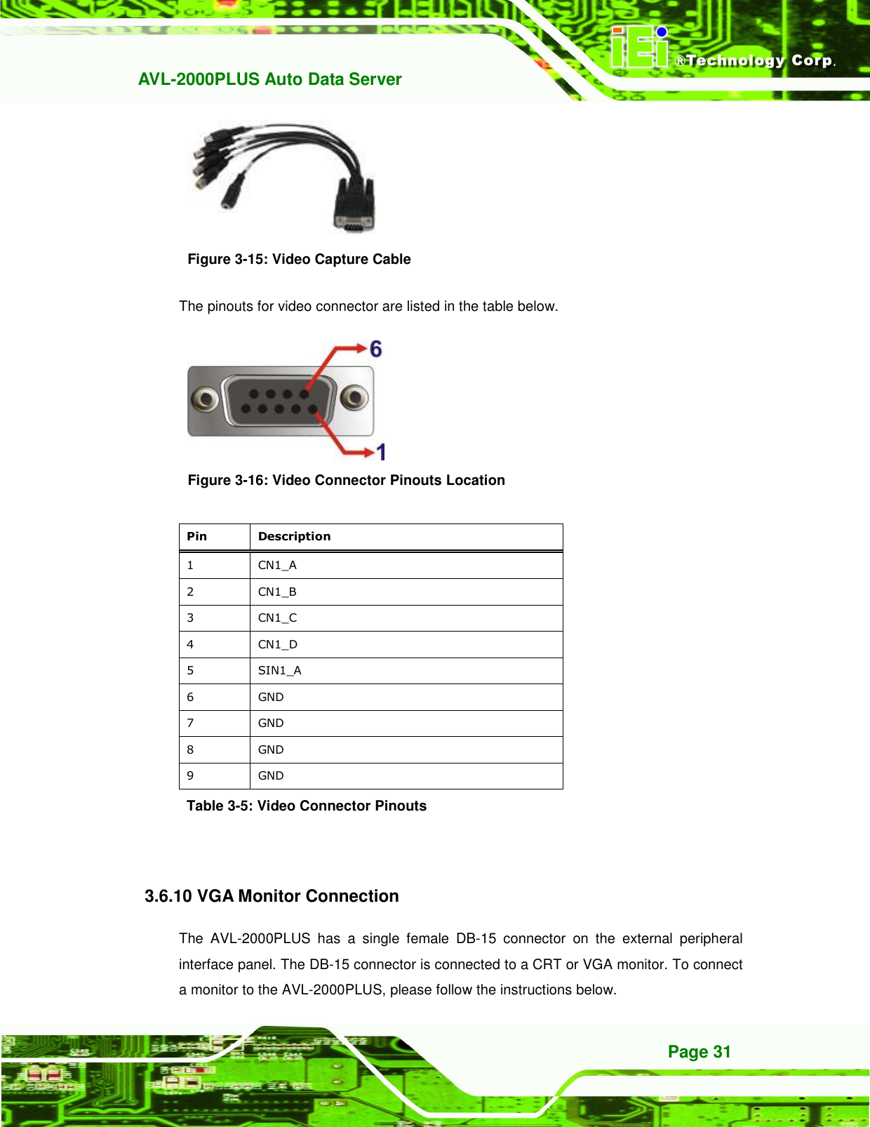   AVL-2000PLUS Auto Data Server Page 31        Figure 3-15: Video Capture Cable The pinouts for video connector are listed in the table below.  Figure 3-16: Video Connector Pinouts Location  Pin  Description   1  CN1_A 2  CN1_B 3  CN1_C 4  CN1_D 5  SIN1_A 6  GND 7  GND 8  GND 9  GND Table 3-5: Video Connector Pinouts      3.6.10 VGA Monitor Connection The  AVL-2000PLUS  has  a  single  female  DB-15  connector  on  the  external  peripheral interface panel. The DB-15 connector is connected to a CRT or VGA monitor. To connect a monitor to the AVL-2000PLUS, please follow the instructions below. 