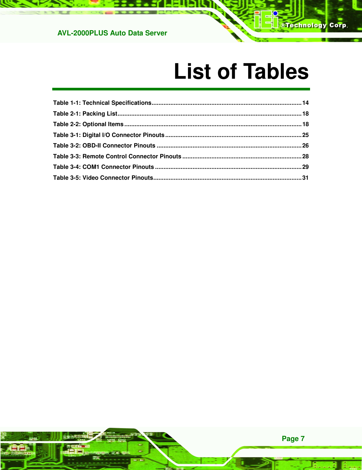   AVL-2000PLUS Auto Data Server Page 7 List of Tables Table 1-1: Technical Specifications........................................................................................14 Table 2-1: Packing List............................................................................................................18 Table 2-2: Optional Items ........................................................................................................18 Table 3-1: Digital I/O Connector Pinouts................................................................................25 Table 3-2: OBD-II Connector Pinouts .....................................................................................26 Table 3-3: Remote Control Connector Pinouts ......................................................................28 Table 3-4: COM1 Connector Pinouts ......................................................................................29 Table 3-5: Video Connector Pinouts.......................................................................................31  