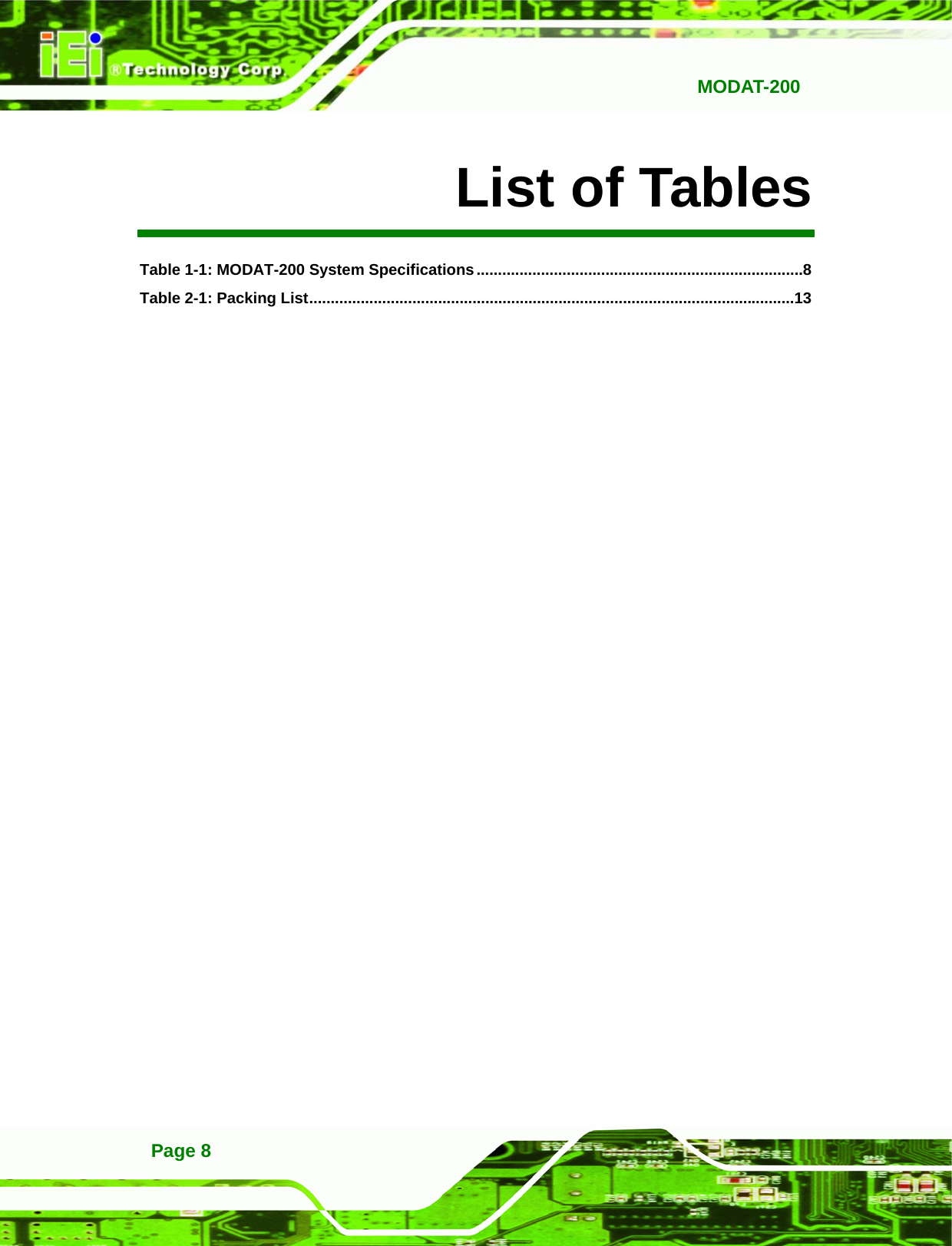   MODAT-200Page 8 List of Tables Table 1-1: MODAT-200 System Specifications ............................................................................ 8 Table 2-1: Packing List ................................................................................................................. 13  
