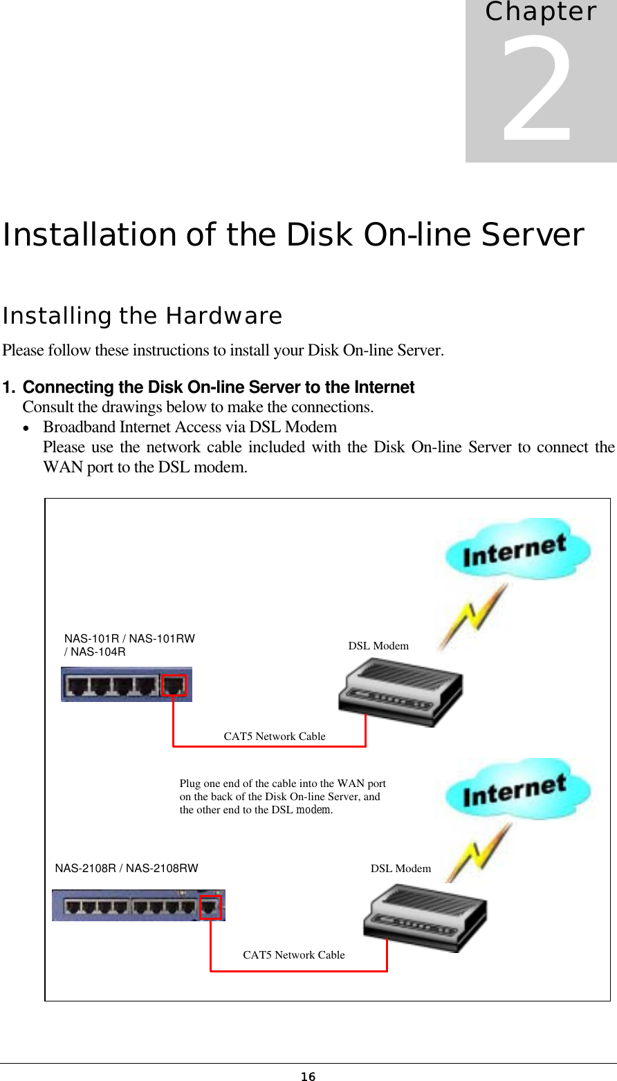   16Installation of the Disk On-line Server Installing the Hardware Please follow these instructions to install your Disk On-line Server. 1. Connecting the Disk On-line Server to the Internet Consult the drawings below to make the connections. •  Broadband Internet Access via DSL Modem Please use the network cable included with the Disk On-line Server to connect the WAN port to the DSL modem.                          Chapter 2 DSL ModemNAS-101R / NAS-101RW / NAS-104R NAS-2108R / NAS-2108RW   DSL ModemCAT5 Network Cable CAT5 Network Cable Plug one end of the cable into the WAN port on the back of the Disk On-line Server, and the other end to the DSL modem. 