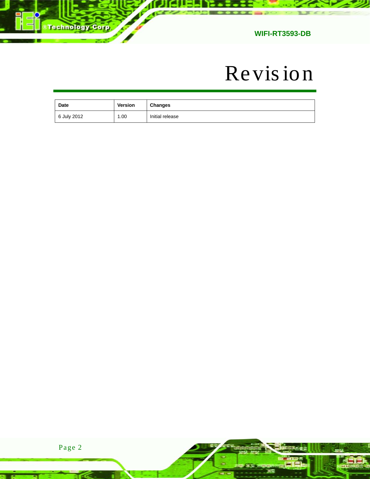   WIFI-RT3593-DB  Page 2 Revis ion   Date Version Changes 6 July 2012 1.00 Initial release   
