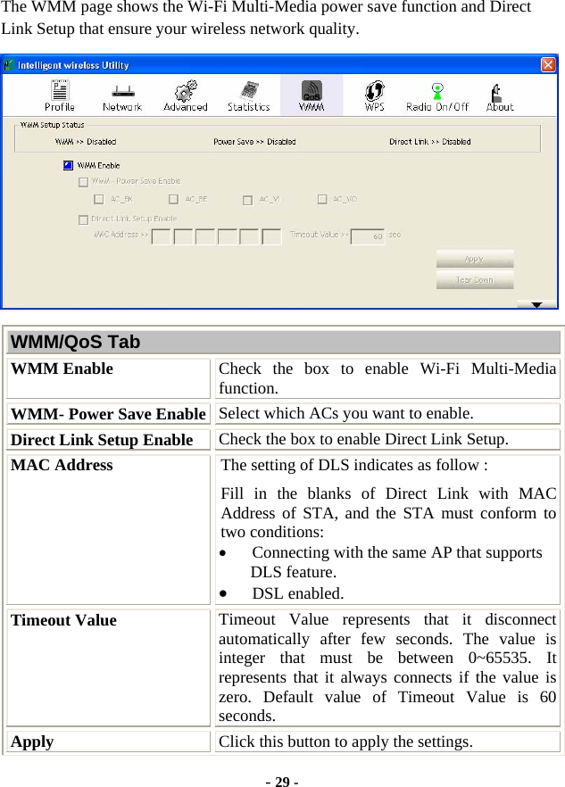  - 29 - The WMM page shows the Wi-Fi Multi-Media power save function and Direct Link Setup that ensure your wireless network quality.  WMM/QoS Tab WMM Enable  Check the box to enable Wi-Fi Multi-Media function. WMM- Power Save Enable Select which ACs you want to enable. Direct Link Setup Enable  Check the box to enable Direct Link Setup. MAC Address  The setting of DLS indicates as follow : Fill in the blanks of Direct Link with MAC Address of STA, and the STA must conform to two conditions: • Connecting with the same AP that supports DLS feature. • DSL enabled. Timeout Value  Timeout Value represents that it disconnect automatically after few seconds. The value is integer that must be between 0~65535. It represents that it always connects if the value is zero. Default value of Timeout Value is 60 seconds. Apply  Click this button to apply the settings. 