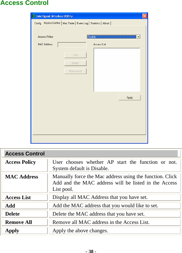  - 38 - Access Control  Access Control Access Policy  User chooses whether AP start the function or not. System default is Disable. MAC Address  Manually force the Mac address using the function. Click Add and the MAC address will be listed in the Access List pool. Access List  Display all MAC Address that you have set. Add  Add the MAC address that you would like to set. Delete  Delete the MAC address that you have set. Remove All  Remove all MAC address in the Access List. Apply  Apply the above changes.  