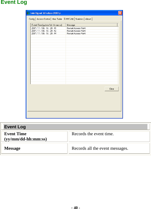  - 40 - Event Log  Event Log Event Time (yy/mm/dd-hh:mm:ss)  Records the event time. Message  Records all the event messages.  