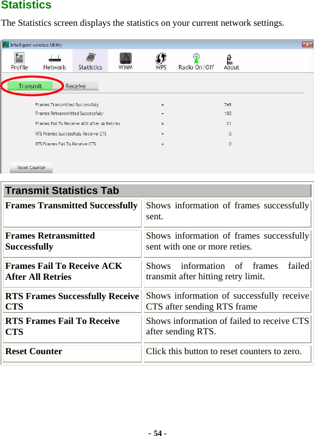  - 54 - Statistics The Statistics screen displays the statistics on your current network settings.  Transmit Statistics Tab Frames Transmitted Successfully Shows information of frames successfully sent. Frames Retransmitted Successfully  Shows information of frames successfully sent with one or more reties. Frames Fail To Receive ACK After All Retries  Shows information of frames failed transmit after hitting retry limit. RTS Frames Successfully Receive CTS  Shows information of successfully receive CTS after sending RTS frame RTS Frames Fail To Receive CTS  Shows information of failed to receive CTS after sending RTS. Reset Counter  Click this button to reset counters to zero. 