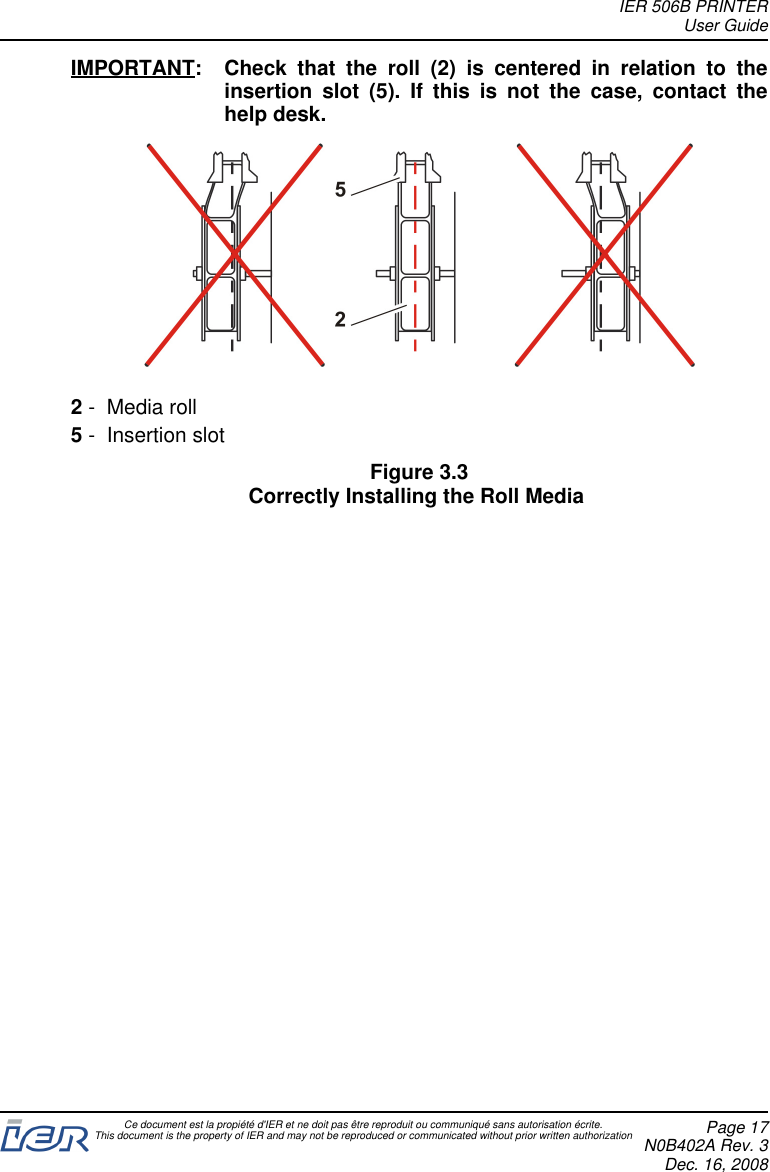 IMPORTANT: Check that the roll (2) is centered in relation to theinsertion slot (5). If this is not the case, contact thehelp desk.2- Media roll5- Insertion slotFigure 3.3Correctly Installing the Roll MediaIER 506B PRINTERUser GuideCe document est la propiété d&apos;IER et ne doit pas être reproduit ou communiqué sans autorisation écrite.This document is the property of IER and may not be reproduced or communicated without prior written authorization Page 17N0B402A Rev. 3Dec. 16, 2008