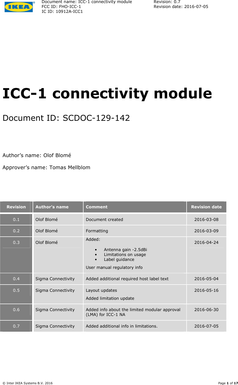 Document name: ICC-1 connectivity module  Revision: 0.7 FCC ID: FHO-ICC-1  Revision date: 2016-07-05  IC ID: 10912A-ICC1     © Inter IKEA Systems B.V. 2016    Page 1 of 17   ICC-1 connectivity module Document ID: SCDOC-129-142  Author’s name: Olof Blomé Approver’s name: Tomas Mellblom   Revision  Author’s name  Comment  Revision date 0.1 Olof Blomé  Document created  2016-03-08 0.2 Olof Blomé  Formatting  2016-03-09 0.3 Olof Blomé  Added: • Antenna gain -2.5dBi • Limitations on usage • Label guidance User manual regulatory info 2016-04-24 0.4 Sigma Connectivity  Added additional required host label text  2016-05-04 0.5 Sigma Connectivity  Layout updates Added limitation update 2016-05-16 0.6 Sigma Connectivity  Added info about the limited modular approval (LMA) for ICC-1 NA  2016-06-30 0.7 Sigma Connectivity  Added additional info in limitations.  2016-07-05 