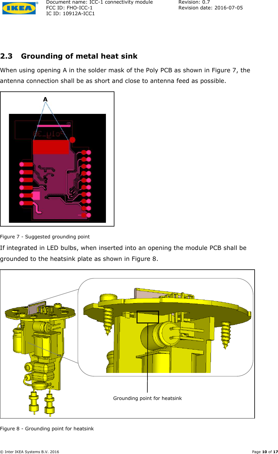 Document name: ICC-1 connectivity module  Revision: 0.7 FCC ID: FHO-ICC-1  Revision date: 2016-07-05  IC ID: 10912A-ICC1     © Inter IKEA Systems B.V. 2016    Page 10 of 17  2.3 Grounding of metal heat sink  When using opening A in the solder mask of the Poly PCB as shown in Figure 7, the antenna connection shall be as short and close to antenna feed as possible.  Figure 7 - Suggested grounding point If integrated in LED bulbs, when inserted into an opening the module PCB shall be grounded to the heatsink plate as shown in Figure 8.  Figure 8 - Grounding point for heatsink Grounding point for heatsink A 